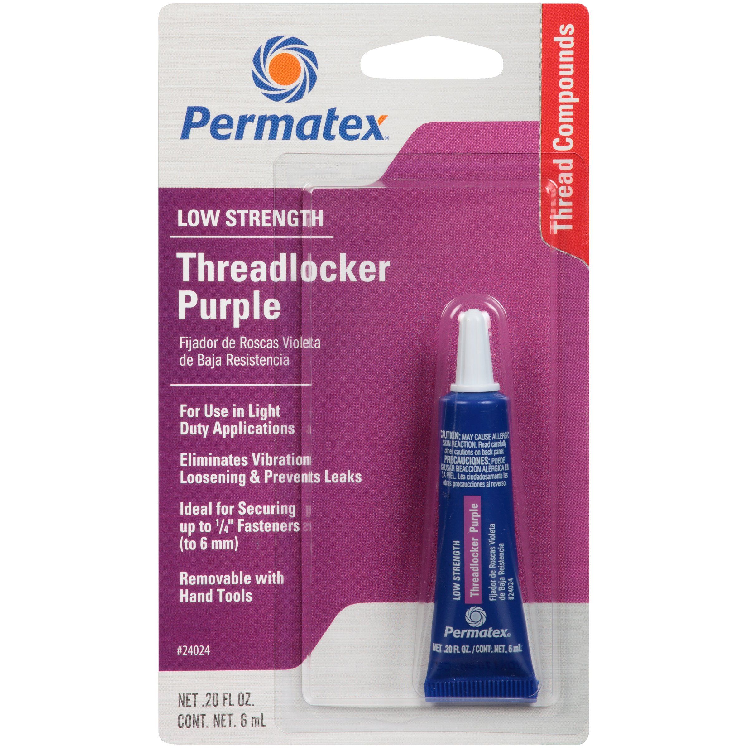 Permatex Low Strength Threadlocker Purple Formula is designed for fasteners under 0.25 inches that require occasional adjustment. This threadlocker is non-corrosive and is removable with hand tools for easy disassembly. Conforms to ASTM D 5363 AN0311 (Mil-S-46163A, Type II, Grade M).