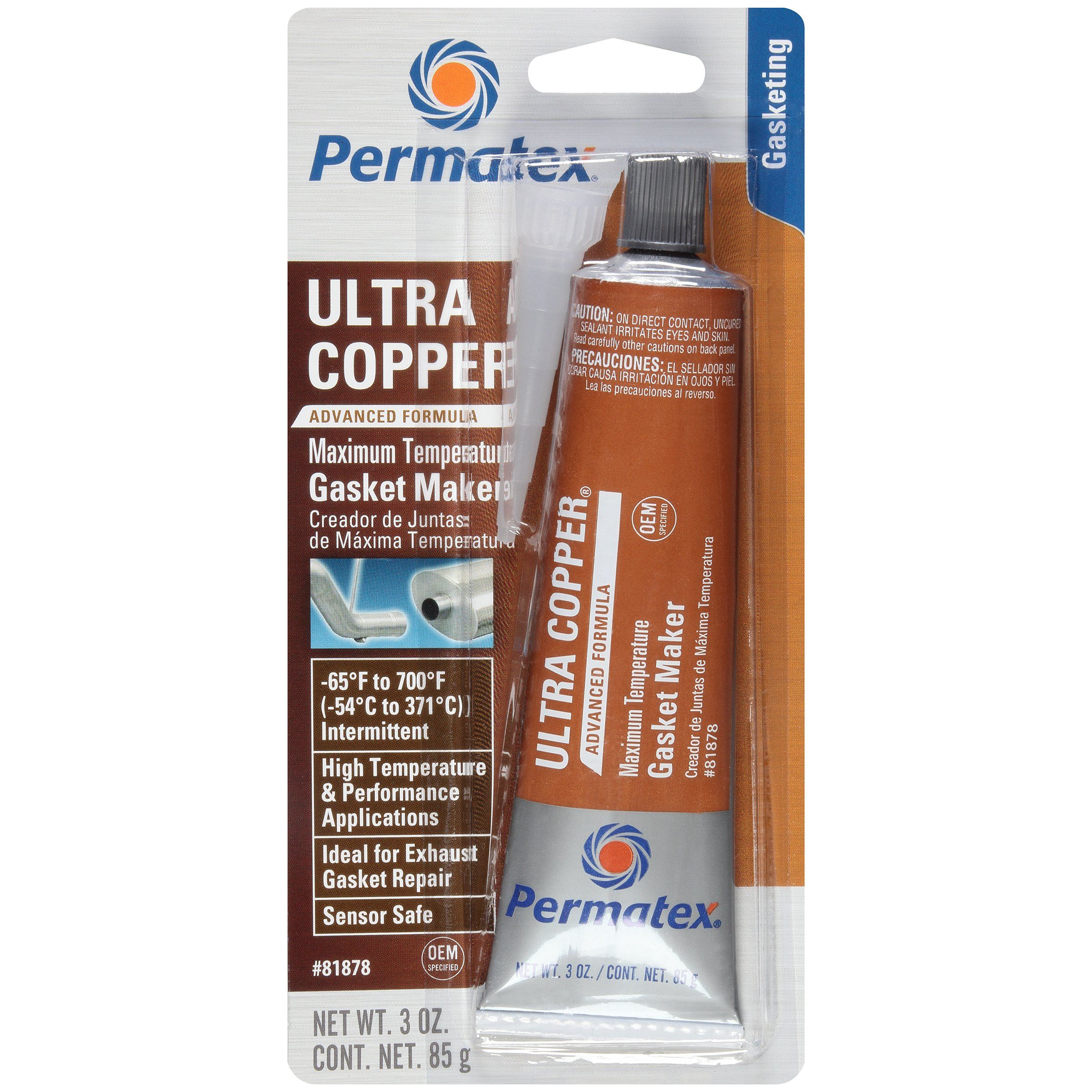 Permatex Ultra Copper Maximum Temperature RTV Silicone Gasket Maker is the most advanced, high temp RTV silicone gasket available. Three times more oil resistant than conventional silicones and eight times more flexible than cut gaskets, it is sensor-safe, low odor, and non-corrosive with superior adhesion.