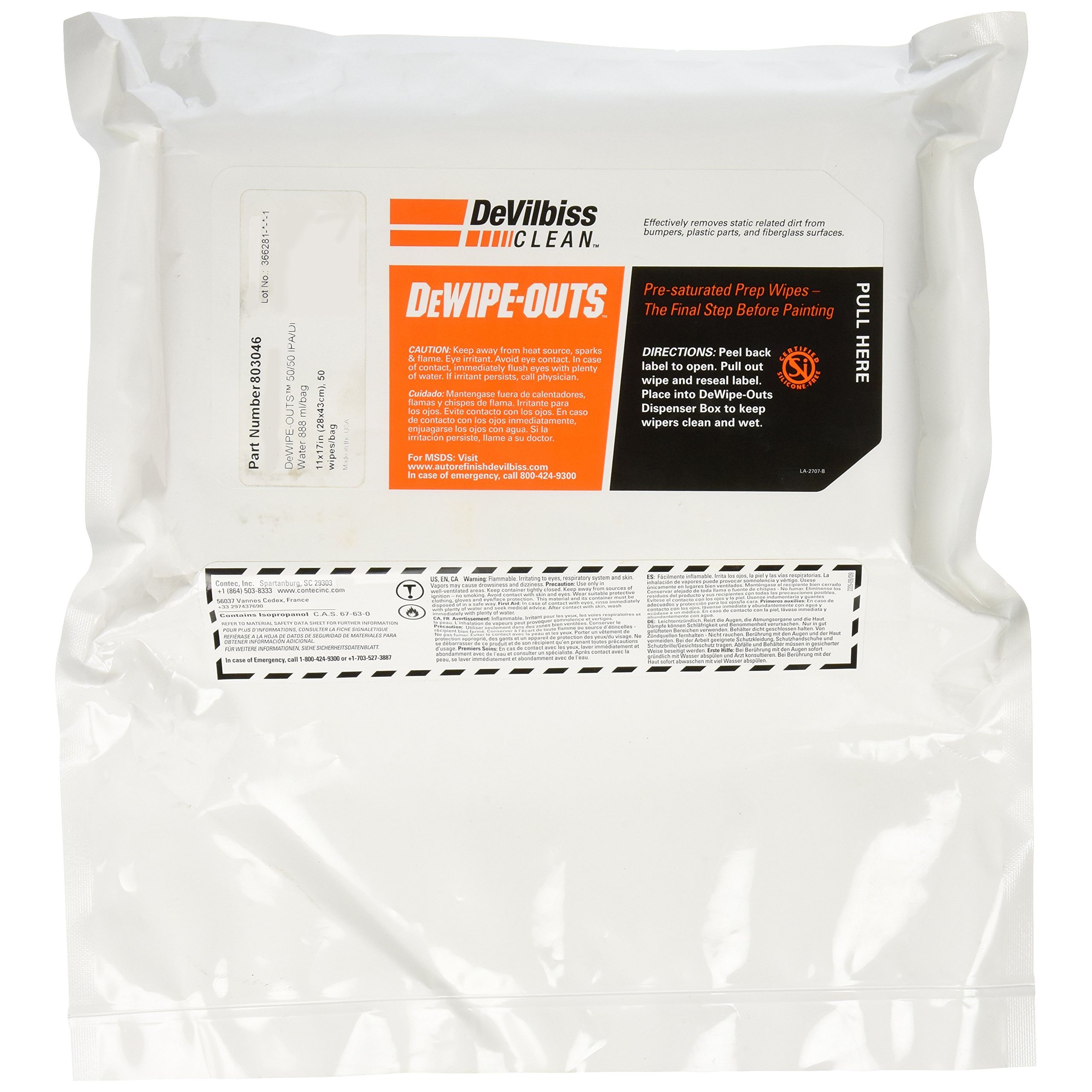 DV803046 Features: -Dewipe outs. -Warmer / dryer climates or heated spray booths. Product Type: -Wet. Generic Specifications: -DeWipe-Outs 50 IPA / 50 DI Water (contains 3.28 lbs VOC per gallon of solution). Dimensions: Overall Product Weight: -11 Pounds. Overall Width - Side to Side: -17 Inches. Overall Depth - Front to Back: -11 Inches.