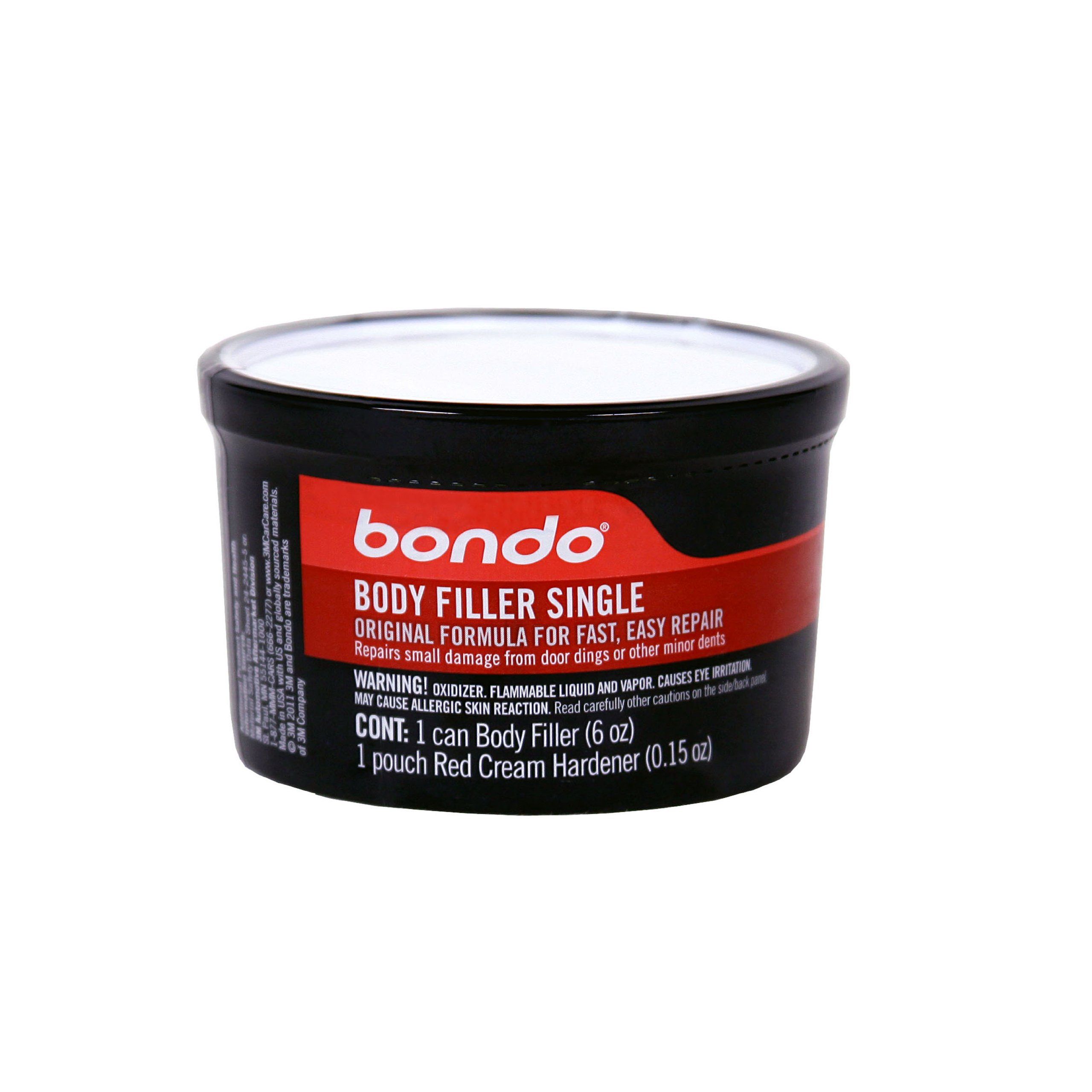 Two-part lightweight compound mixes easily and spreads smoothly. Cures in minutes and sands easily. Original formula for repairing dents, dings, holes, large rusted areas and scratches in vehicles. Also suitable for wood, steel, aluminum, fiberglass, and concrete. Formulated to be non-shrinking. Make sure this fits by entering your model number.. Includes Bondo Red Cream Hardener