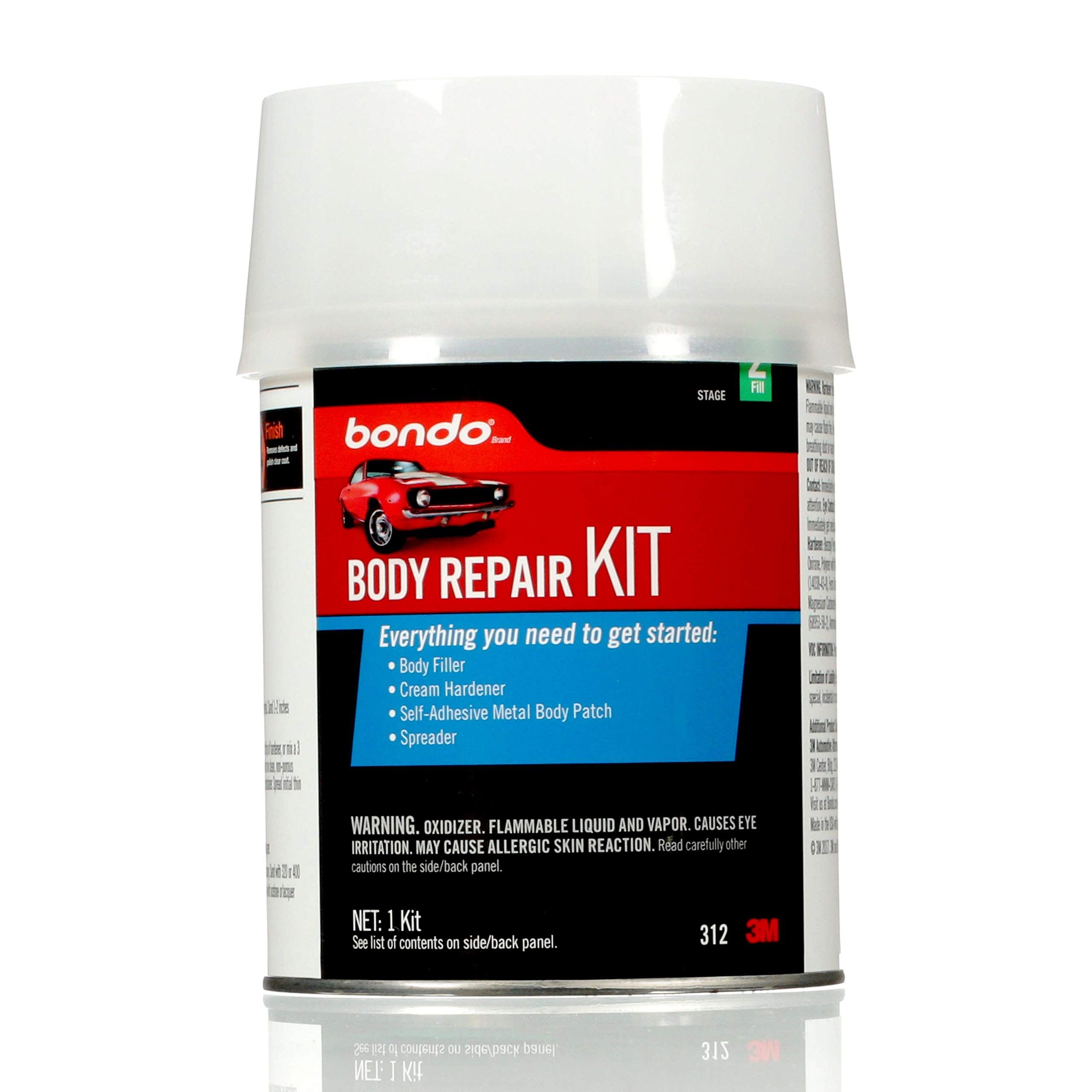 This Bondo Body Repair Kit contains everything you need to repair dents, rust holes, scratches and more on vehicle bodies and panels.