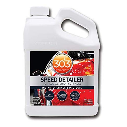 303 Speed Detailer is a premium formula designed to instantly clean, protect and produce a high-gloss finish on surfaces. It cleans, protects and shines fiberglass, paint, plastics, metals, and glass. Quick and easy to use, simply mist on and wipe off. Anti-static, repels dust, dirt and stains and helps protect against light surface scratches.