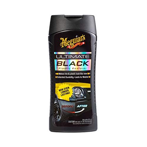 Meguiar’s Ultimate Black Plastic Restorer restores life to all exterior plastic, vinyl, and rubber trim such as bumpers, moldings, doors, rearview mirror housings, and windshield cowlings. Uses breakthrough UV clear-coat technology to outlast conventional protectants and trim-care products.