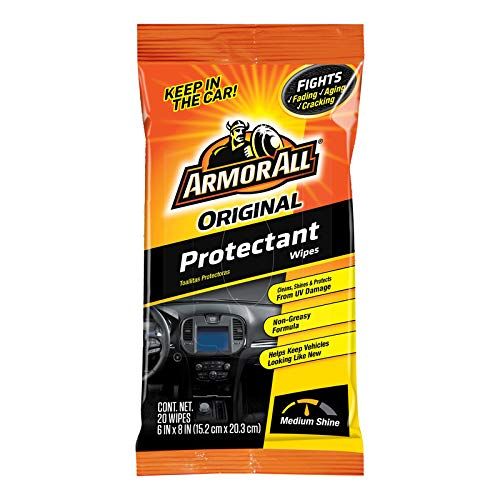 Armor all, 24 count, original protectant wipes, pouch, convenient disposable, helps prevent cracking, fading, discoloration premature aging, enhances your vehicles deep, rich look adds beautiful shine renews revitalizes vinyl, rubber plastic, lint free, won't leave greasy residue on hands.