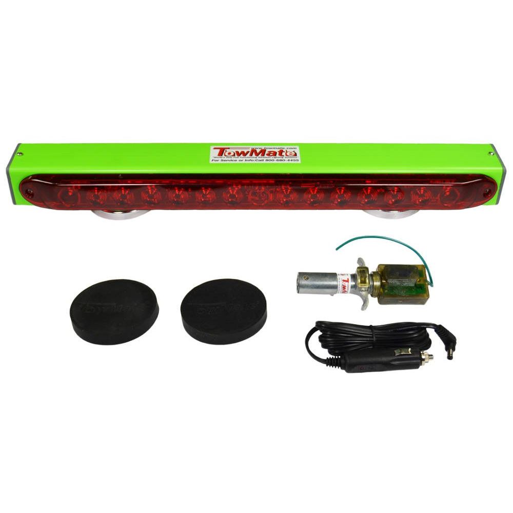 The TM22G Lime Light is TowMates BEST SELLING wireless tow light measuring in at 22 wide and contains 14 LEDs providing stop, tail, and turn signals wirelessly. This is a basic unit, meaning that it is not compatible with the iMON reminder system. The TM22G has 90LB pull magnets with rubber boots and is non-upgradeable.