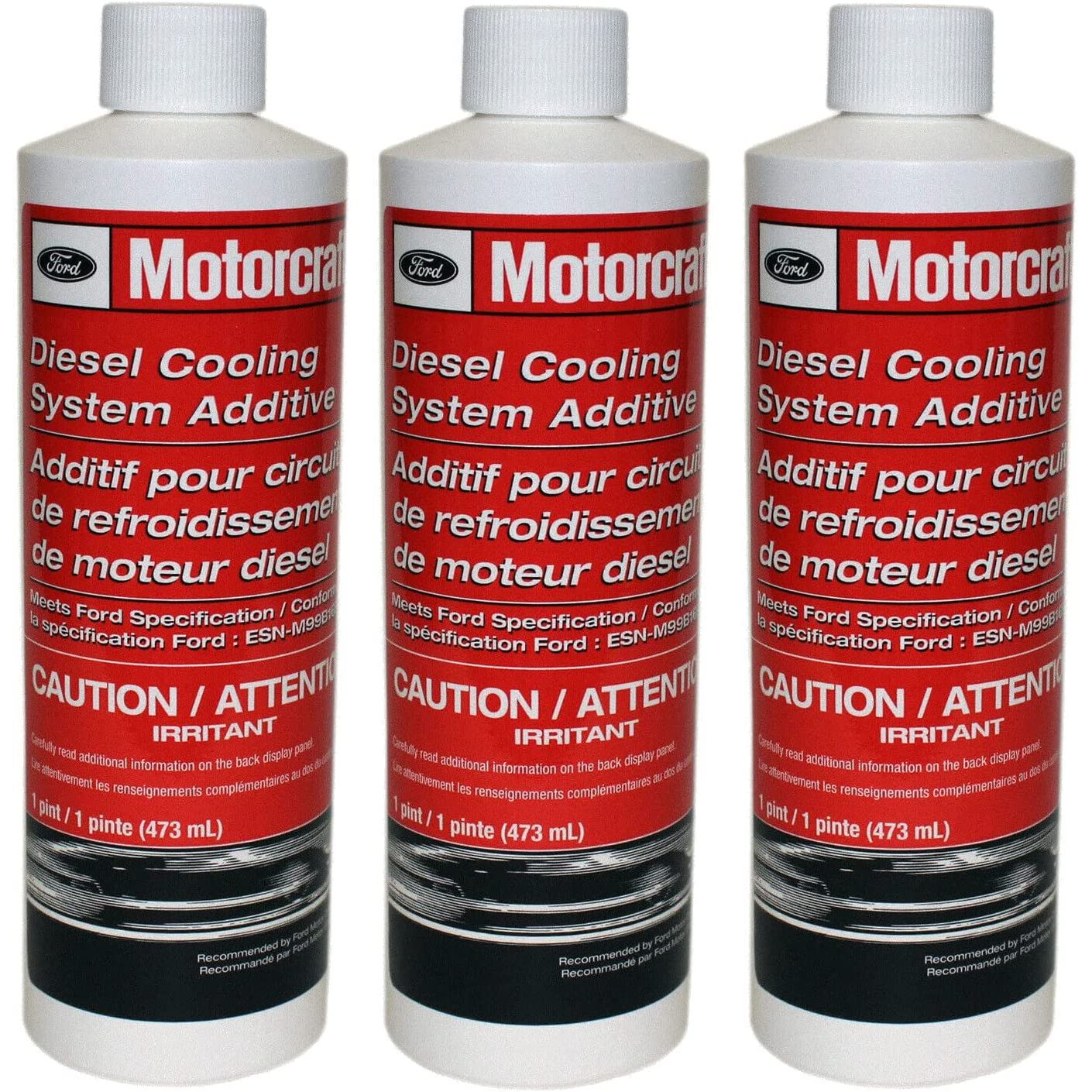 For use in diesel engine cooling systems equipped with the green colored Motorcraft coolant meeting Ford specification ESE-M97B44-A and for use in trucks equipped with Caterpillar 3126E engines with the yellow colored coolant meeting Ford specification WSS-M97B51-A1 Designed to replace additives depleted between cooling changeouts Use only where sp