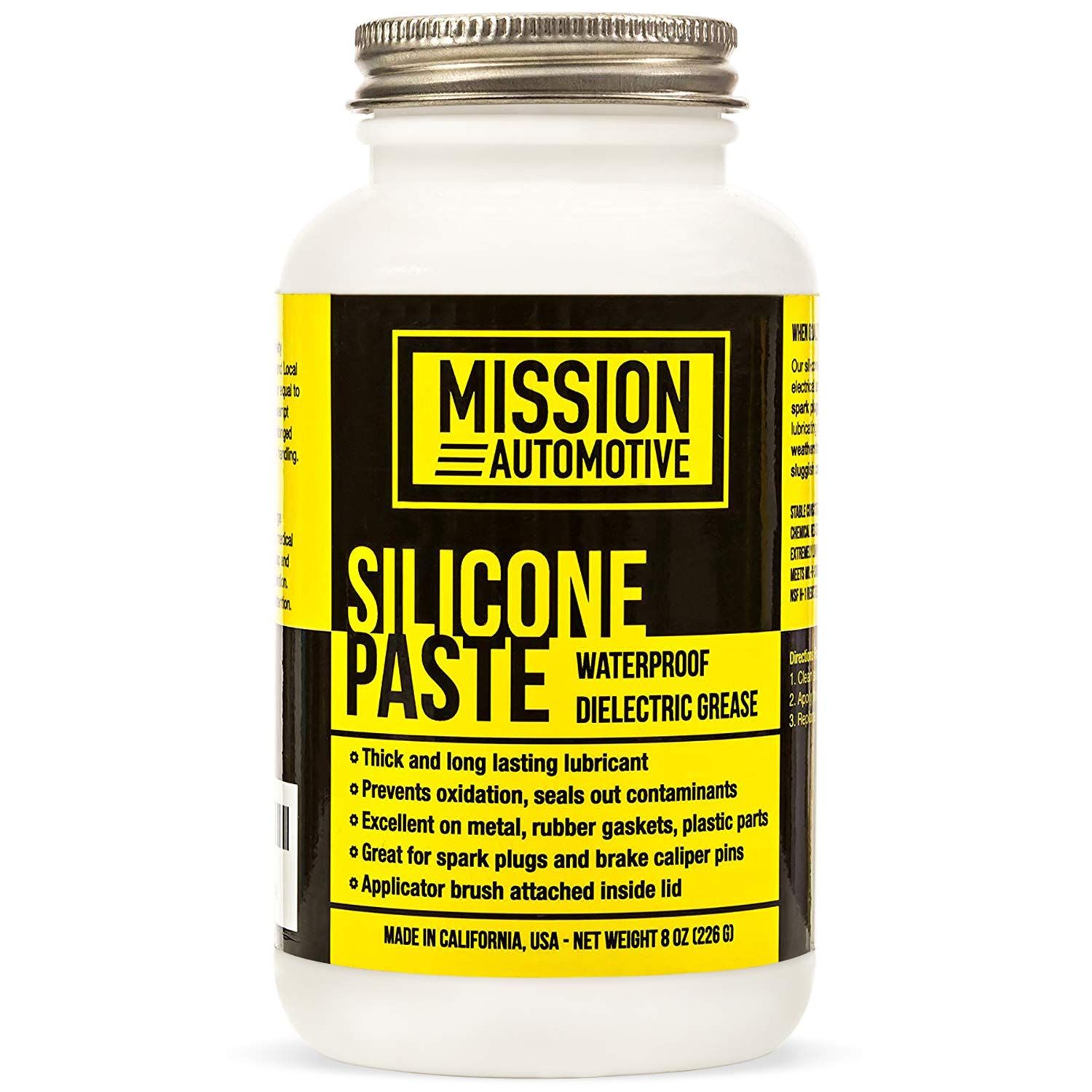 MISSION AUTOMOTIVE Dielectric Grease/Silicone Paste/Waterproof Marine Grease (8 Oz.)SEALS AND PROTECTSOur dielectric grease is a thick, long lasting waterproof synthetic siliconelubricant(lube) that prevents oxidation, inhibits corrosion seals outcontaminants such as salt dirt non-melting, stable consistencyfrom -55-570 F.