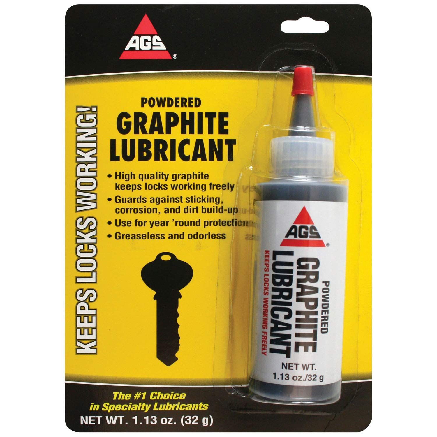 AGS Powdered Graphite Lubricant is the finest all-purpose, dry powder lubricant which is both odorless and non-toxic. Use to guard against sticking, wear, and corrosion. Can be used year-round on all types of material, including metal, wood, plastic, and rubber.