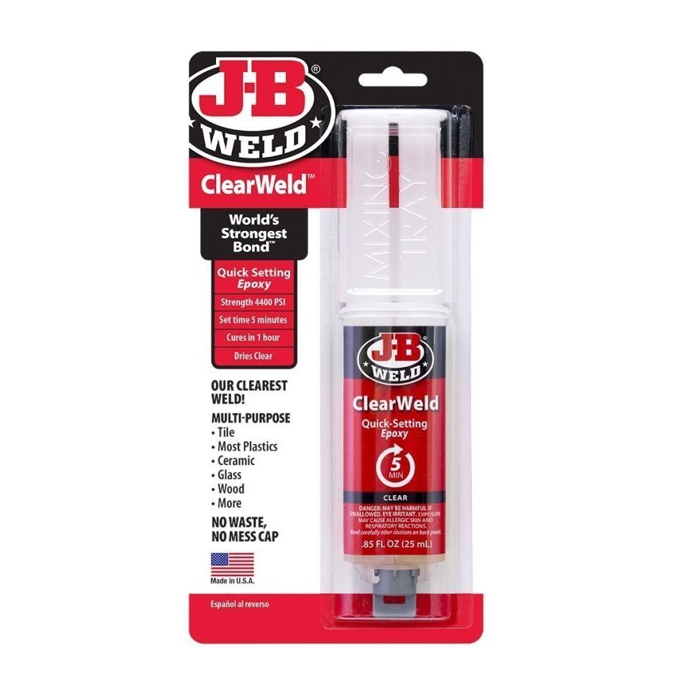 Temp. Range (F): 0 Degrees to 250 Degrees J-B Weld ClearWeld Epoxy Adhesive, 25 ml syringe.  