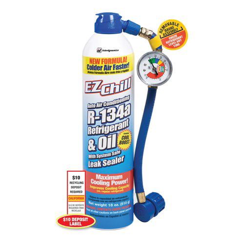 Interdynamics all in one solution. It restores lost refrigerant and oil and contains leak sealer to stop most common leaks in rubber hoses, gaskets, and O-rings. Self-dispensing can has reusable, recharge hose and in-line pressure gauge. 18 ounce. Can only be used on EZ Chill products.
