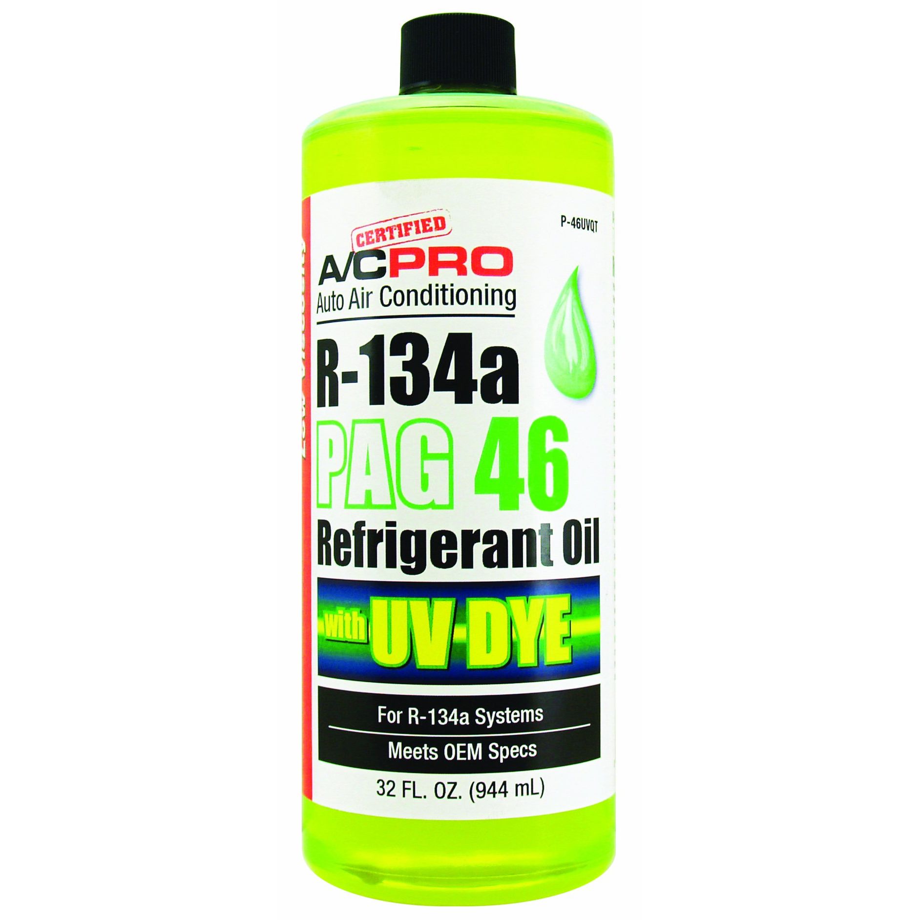 PAG 46 is a low viscosity refrigerant oil for R-134A automotive air conditioning systems with UV dye for easy leak detection. PAG 46 meets OE specifications and is ISO 46 viscosity. Comes in easy to use 1 quart bottle with easy pour and closure cap.