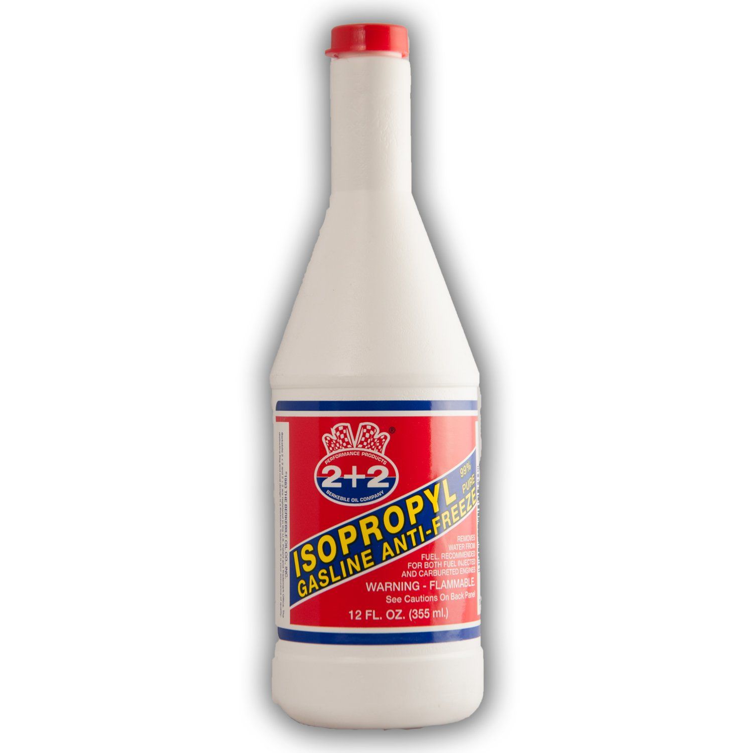 Berkebile Oil 2 + 2 isopropyl gas line anti-freeze. Removes more water and is safer on the fuel system than cheaper methanol formulations because it allows the water to mix with the fuel and be burned in the combustion process. Use in winter to prevent frozen lines and in summer to remove harmful moisture.