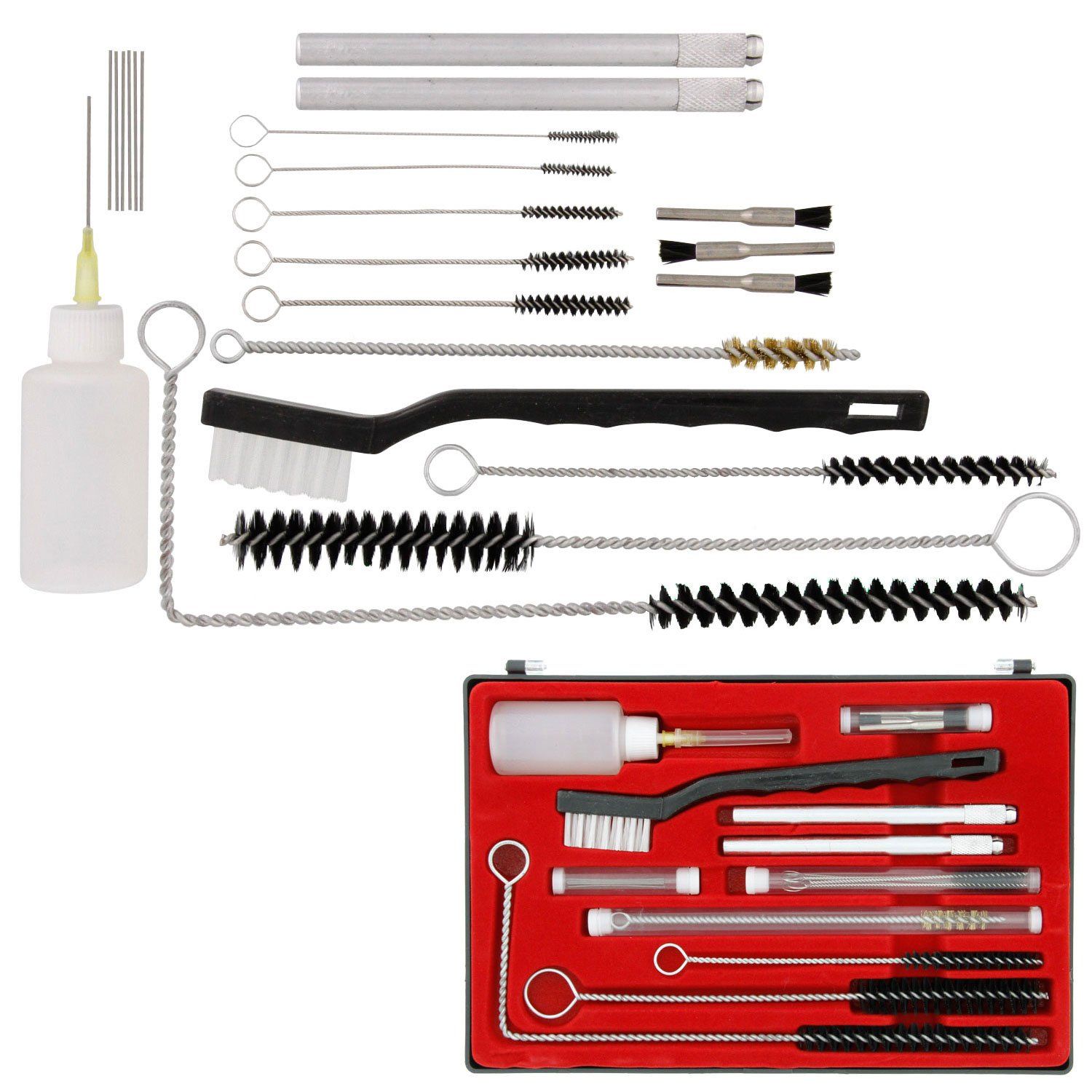 Professional 23 Piece Spray Gun Cleaning Kit.Ideal for cleaning all types of Spray Guns such as Suction, Gravity Feed, HVLP, Detail, Pressure, as well as Airbrushes. Cleaning Kit Includes:3 Mini End Brushes: for cleaning the inside fluid tip and air cap or any area that requires a smaller stiffer brush.1 Aluminum Holder: for Mini End Brushes.