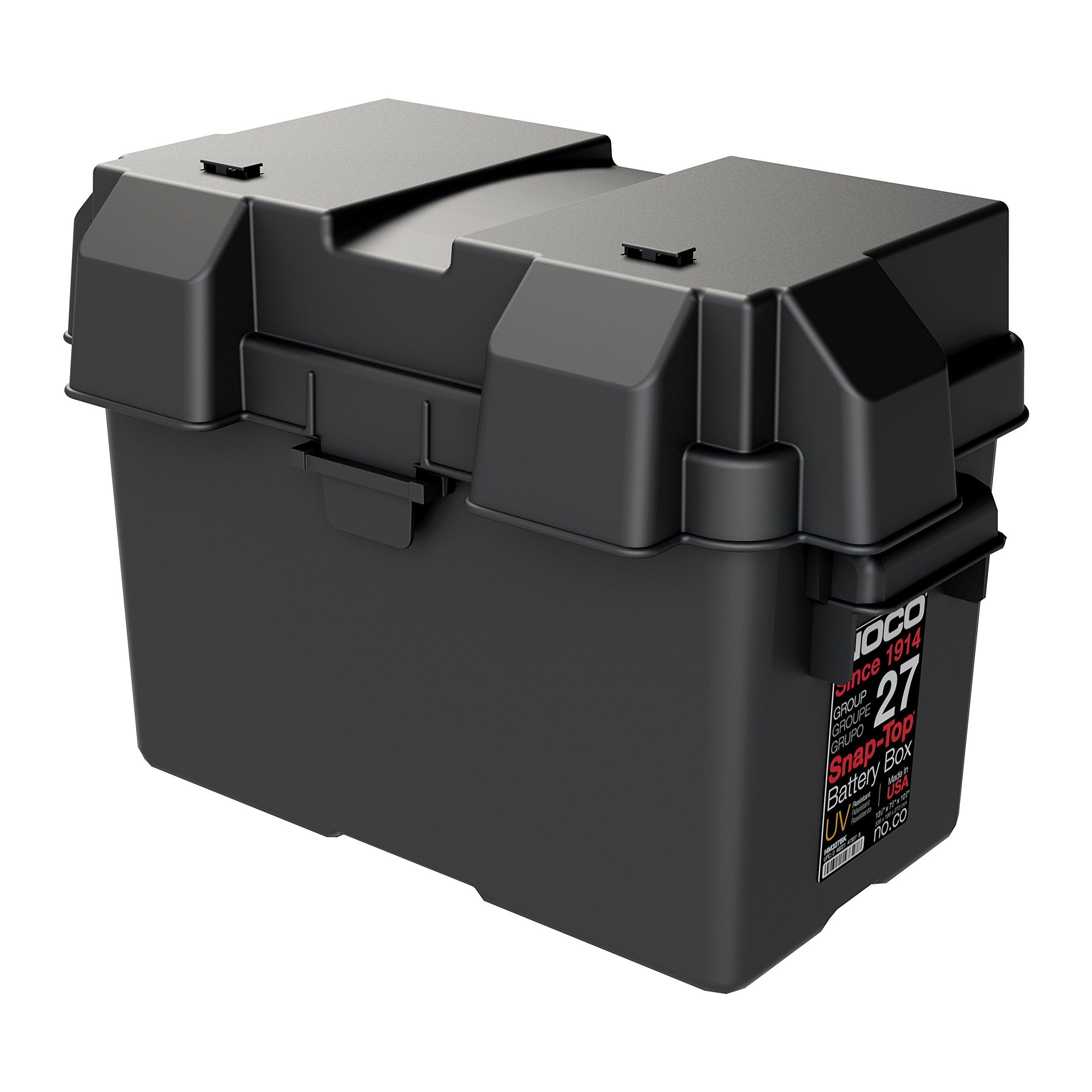 Group 27 Battery BoxThe HM327BK Snap-Top Battery Box is a battery storage solution for sizes Group 27 Automotive, Marine, and RV batteries. It features locking tabs to fasten the cover securely to the battery case, reinforced plastic handles to prevent cracking during battery relocation, and allows adequate ventilation of battery acid vapors.