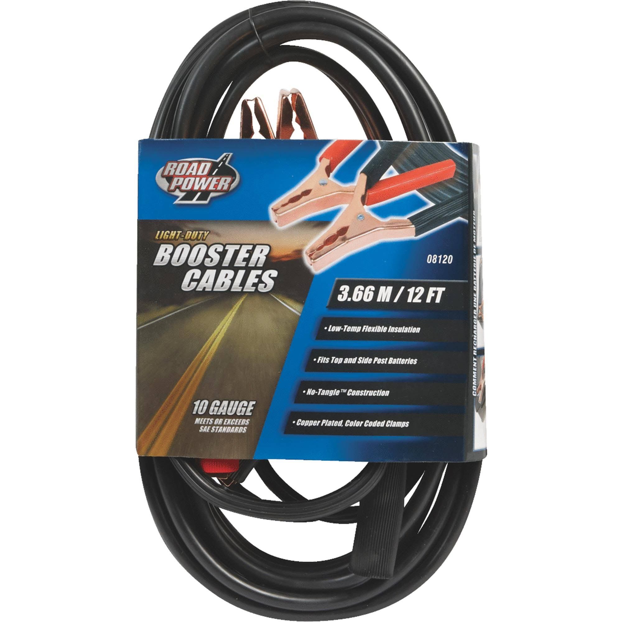 Coleman Cable 12-foot booster cable with T-Prene insulation, 10-gauge, black, no-tangle construction with flexible copper wire with 200-Amp heavy duty copper plated steel clamps.