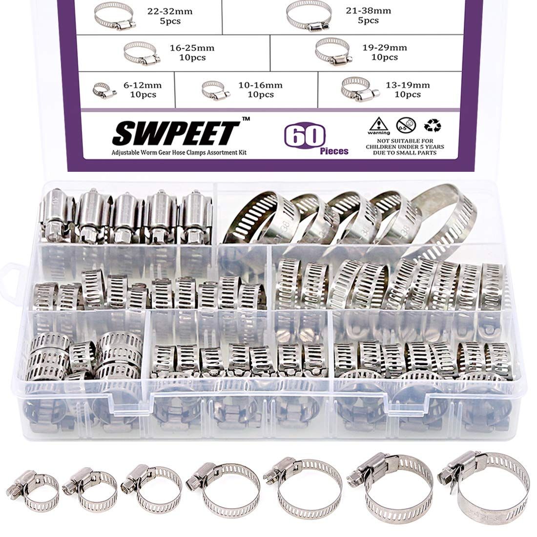 Swpeet 60Pcs Assorted Sizes Hose Clamps Kit, 304 Stainless Steel Adjustable 6-38mm Range Worm Gear Hose Clamp WHY CHOOSE US 1, Hose clamps have all heavy duty 304 stainless steel band, housing, and screw. Great quality provides resistance to corrosion. 2, Hose clamps are flexible and ductile with wide adjustable size range.