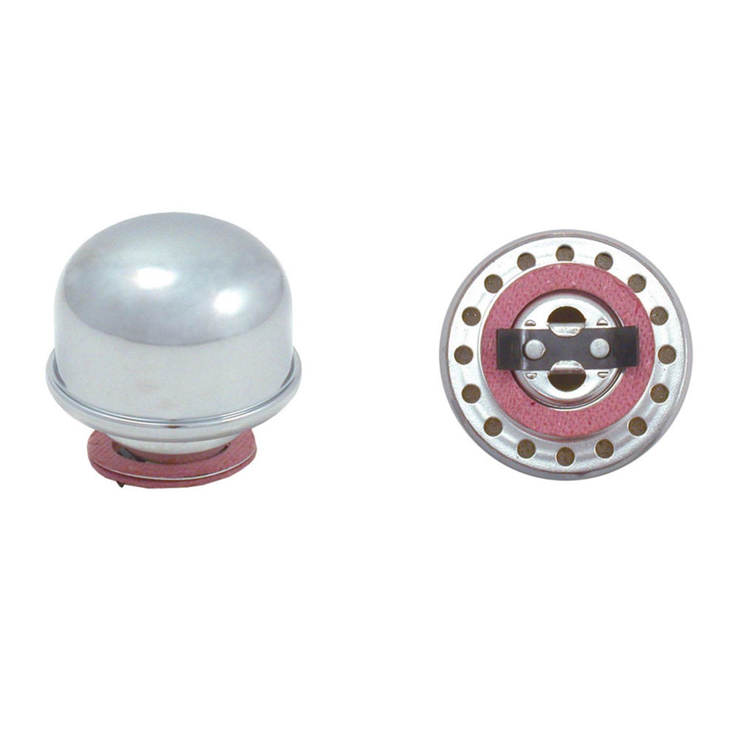 This breather cap is designed for valve covers and oil filler extensions with twist-type holes and is made of triple chrome-plated steel. It provides a tight seal with great ventilation., Provides tight seal with great ventilation, Made of triple chrome-plated steel, For all twist-lock type filler holes