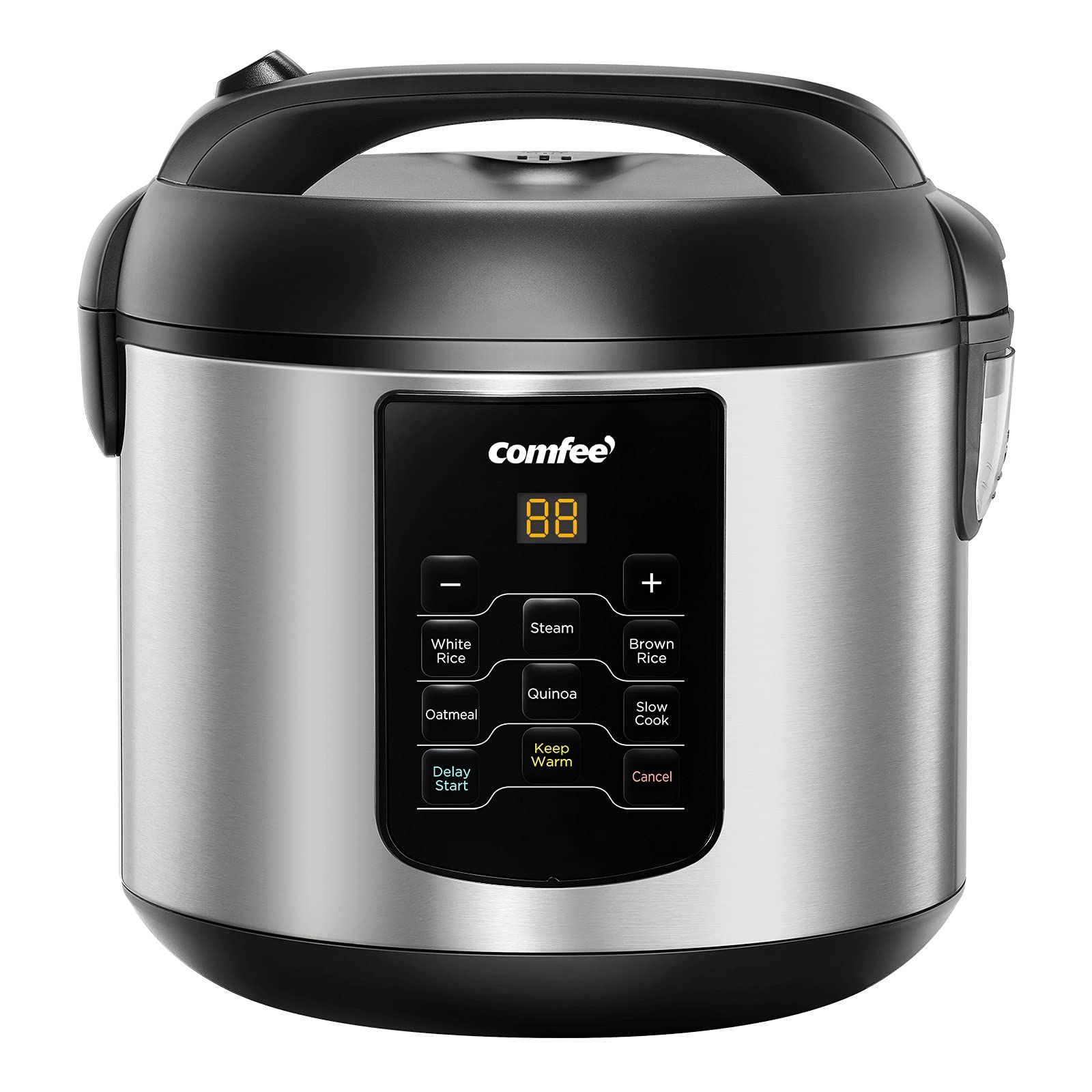 COMFEE' Rice Cooker, 6-in-1 Stainless Steel Multi Cooker, Slow Cooker, Steamer, Saute, and Warmer, 2 QT, 8 Cups Cooked, Brown Rice, Quinoa and Oatmeal, 6 One-Touch Programs. Compact capacity yields up to 8 cups of cooked rice. Its space saving design is perfect for preparing small meals or tasty sides.