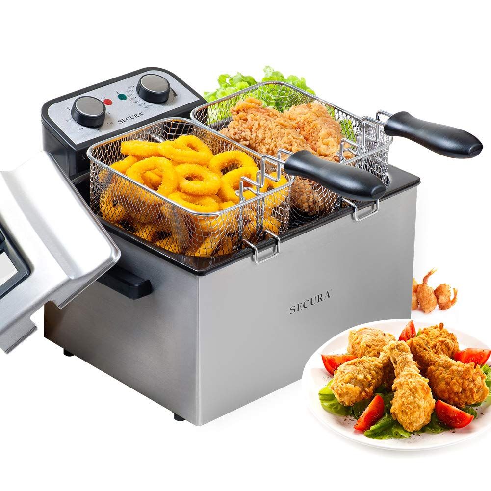 Introducing the Professional Grade Electric Deep Fryer, perfect for cooking up a storm in the kitchen. With adjustable temperature and timer control, you can fry your meals to perfection every time. The heat control is adjustable from 265f-375f, while the automatic timer can be set for up to 30 minutes to shut down the heating element.