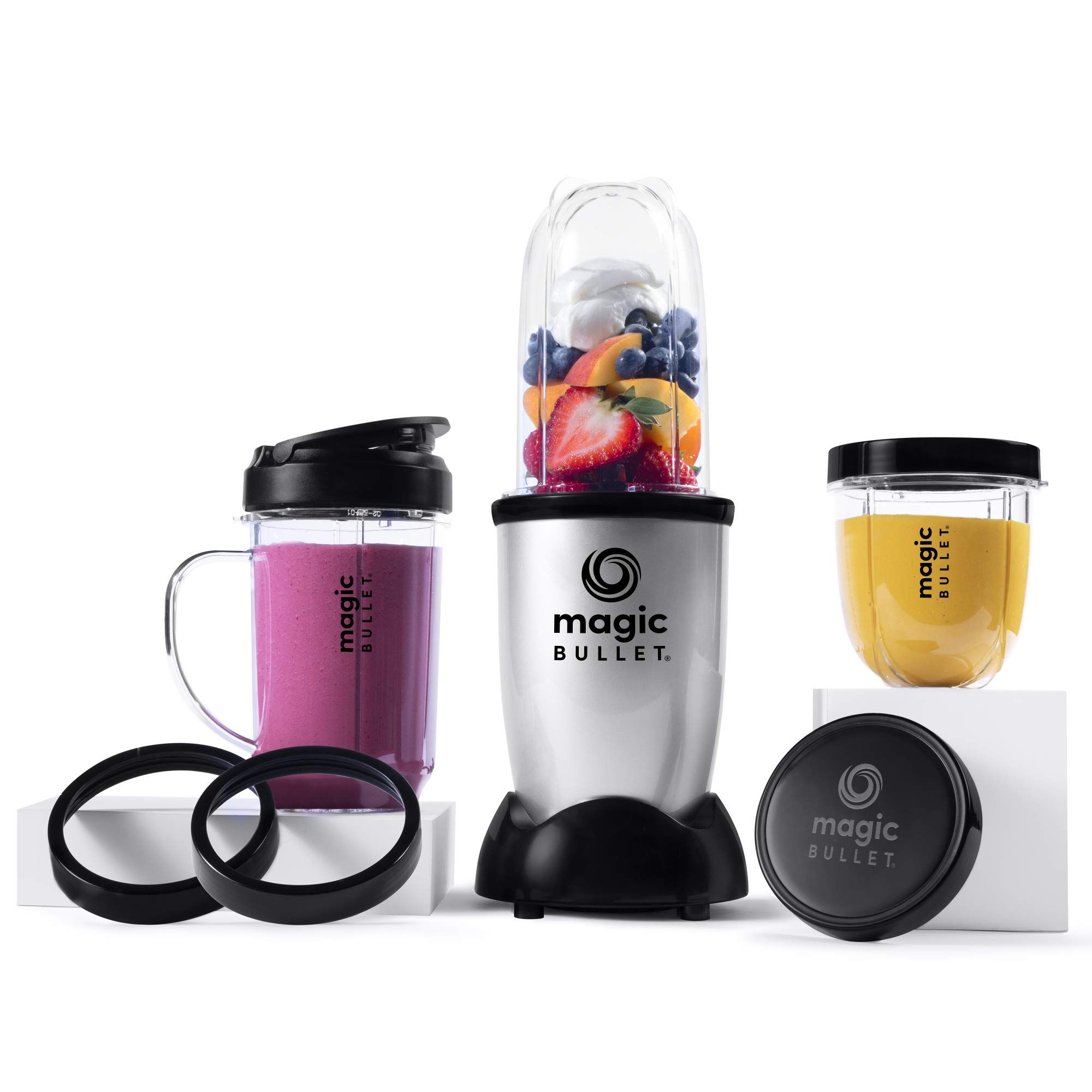 Experience the convenience and efficiency of the Magic Bullet Blender, a must-have kitchen appliance for individuals and small families. This compact blender features a sleek silver finish and includes an 11 piece set to meet all your blending needs.