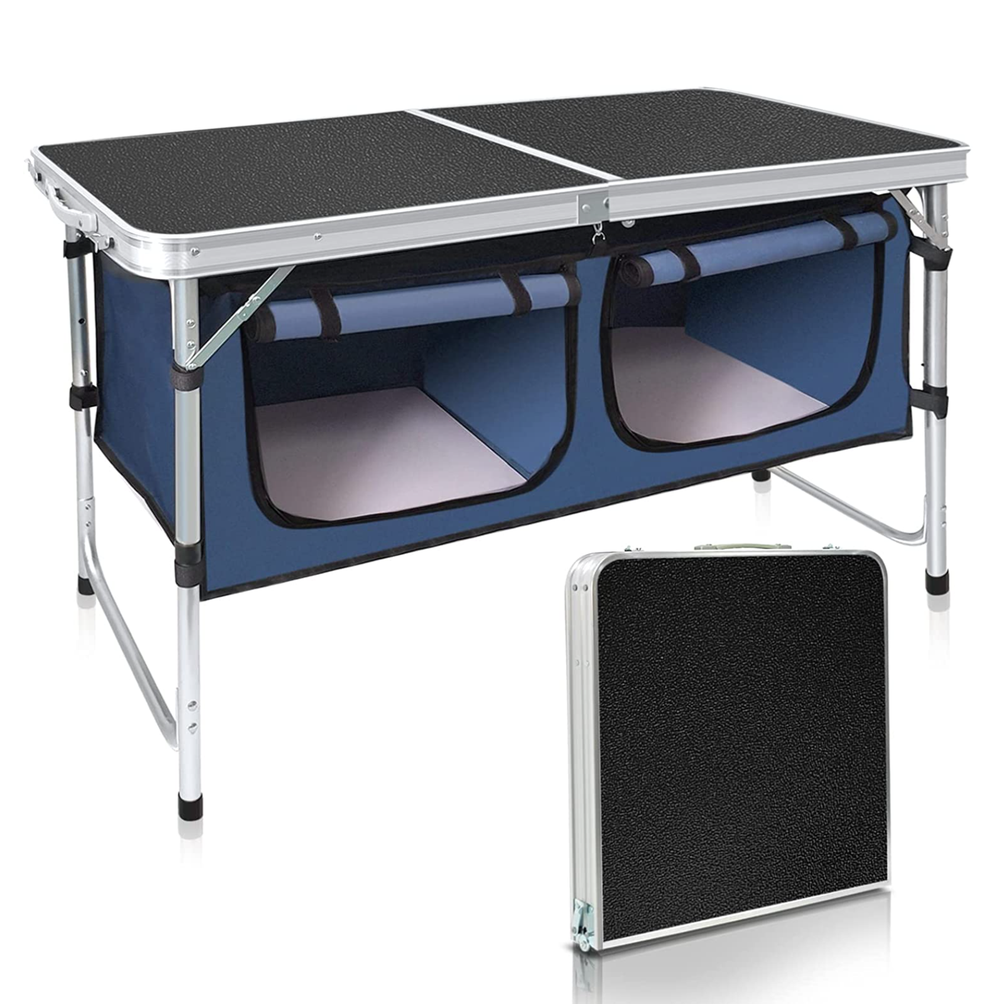 As a seasoned SEO expert and professional copywriter, let me enhance the description of the camping table with SEO-friendly language:
 
Experience hassle-free setup and portability with our innovative camping table. With its convenient dimensions of L47.24” x W18.5” x H27.36'' and collapsible design measuring L23.62 x W18.5 x H3.96'', this table is a breeze to install and fold up effortlessly. Crafted with detachable components, this lightweight and durable table provides convenience on the go, but please note, it is not intended for heavy rain exposure. 