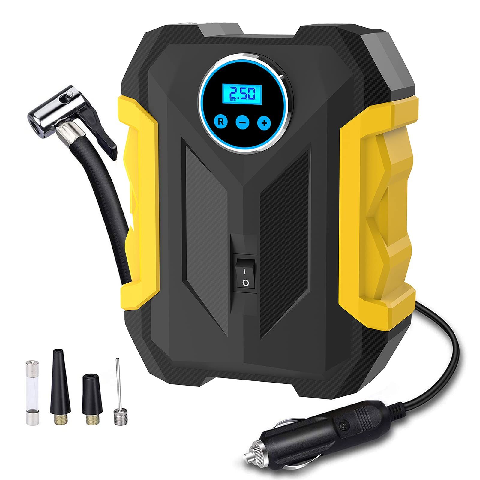 ✔【150PSI MAX WORKING PRESSURE】：With maximum pressure 150 PSI and air flow 35L/min. It can inflate the 195/65/R15 car tire from 0 to 35psi under 5 minutes. Much more effective and faster than traditional pump. Built-in accurate tire pressure gauge.