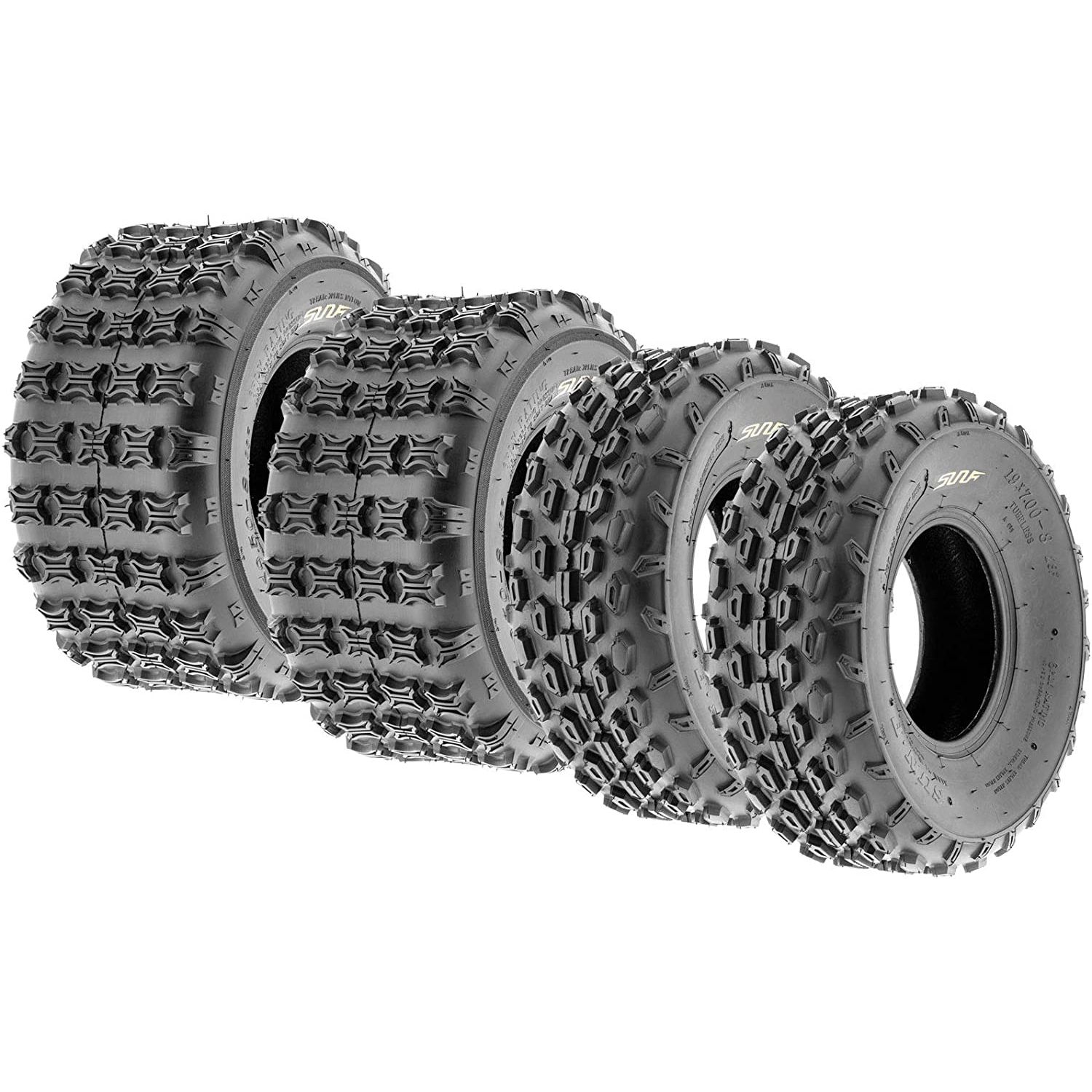 Introducing our high-quality ATV tire set with incredible durability and unmatched performance. With a front tire size of 19x7-8 and rear tire size of 18x9.5-8, our tire set is perfect for all your all-terrain vehicle needs. With a PLY rating of 4, these tires can handle heavy loads and rough terrain with ease.