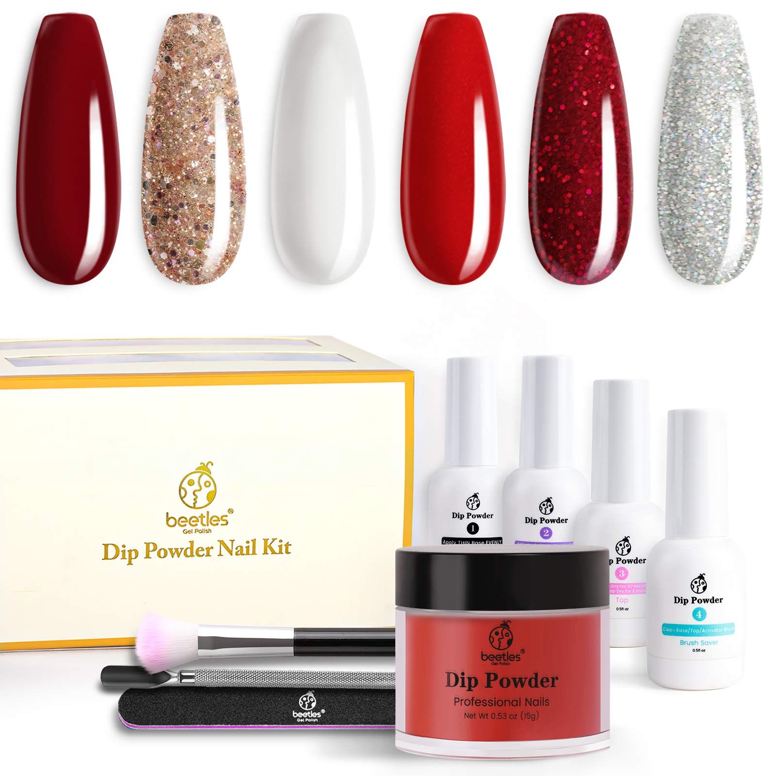 If you're looking for long-lasting, durable, and stunning manicures that look and feel natural, then look no further than the Beetles dip powder nail kit. This kit includes 4*0.5oz dip powder liquid, 6*0.6oz glitter burgundy red sparkle snow white silver color dip powders, 1 nail brush, 1 nail file, and 1 cuticle pusher.