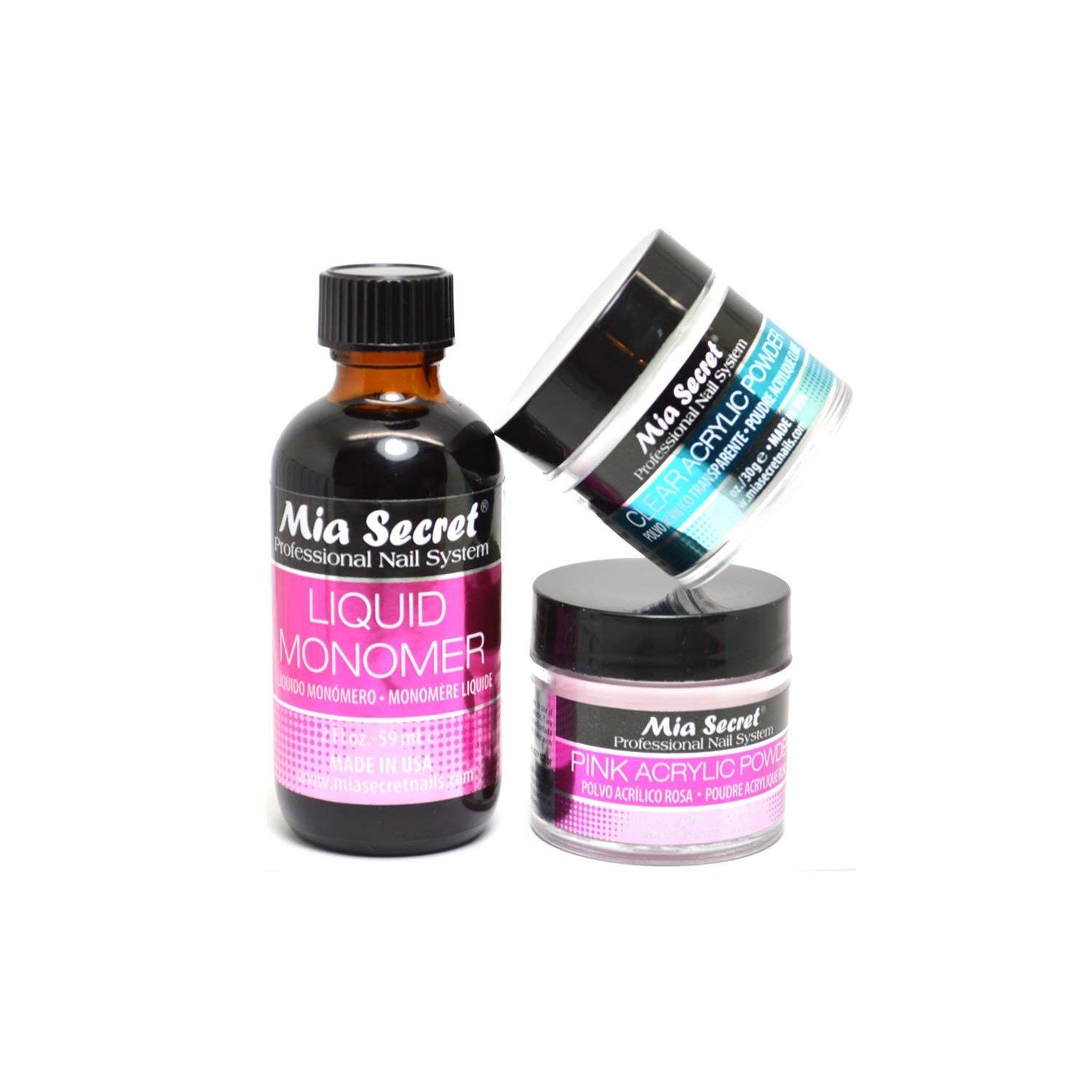 The MIA SECRET Professional Nail System Combo Set is the ultimate solution for achieving beautiful, long-lasting, and high-quality acrylic nails. The kit includes a 2 oz liquid monomer, 1 oz clear acrylic powder and 1 oz pink acrylic powder, all made in the USA with a special non-yellowing formula.