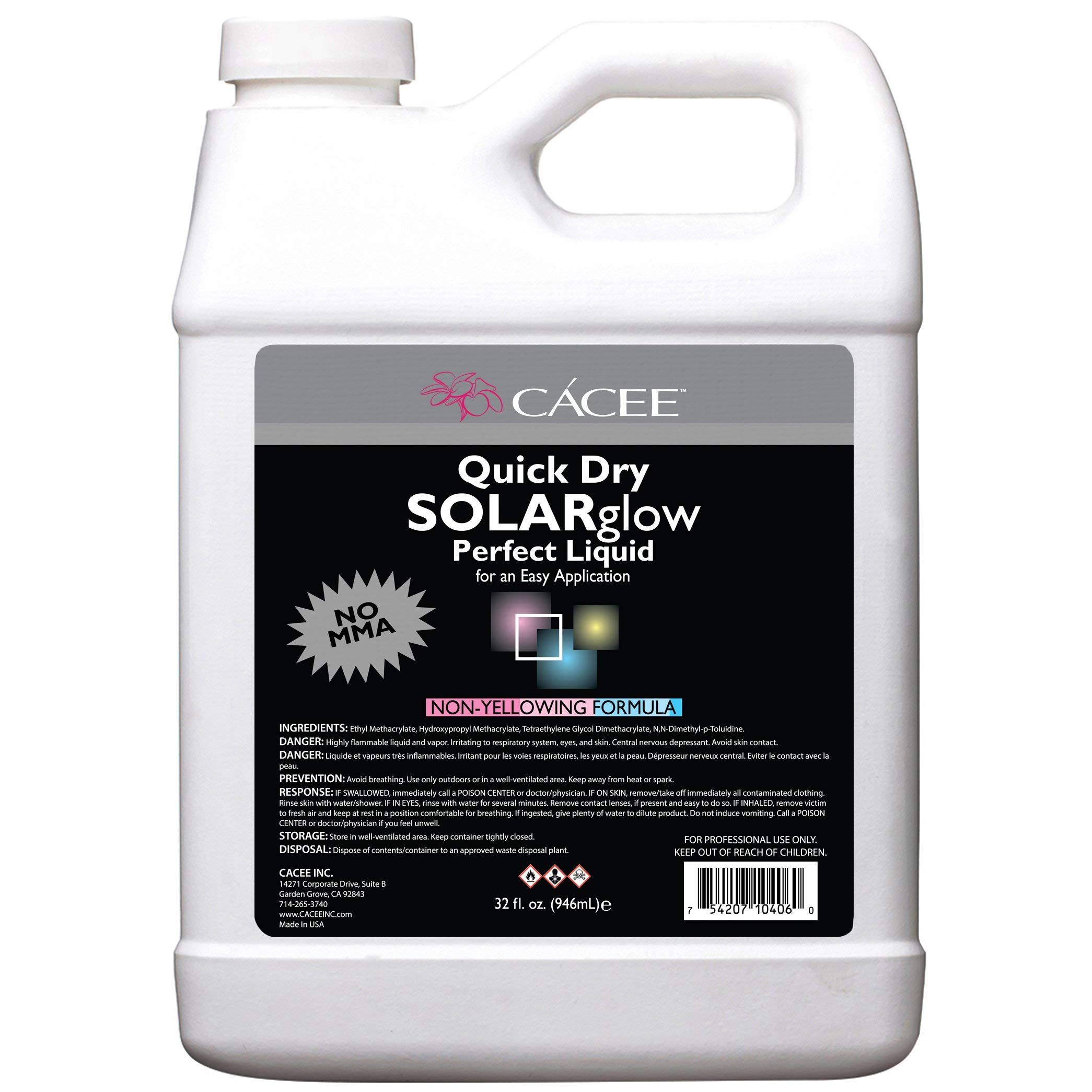 The Cacee Quick Dry Solar Glow Perfect Liquid is a must-have professional product for all licensed nail techs and cosmetologists. Made in the USA and vegan-friendly, this high-quality acrylic liquid is specifically formulated to prevent yellowing or dulling of colors, ensuring that your nails remain vibrant for weeks.