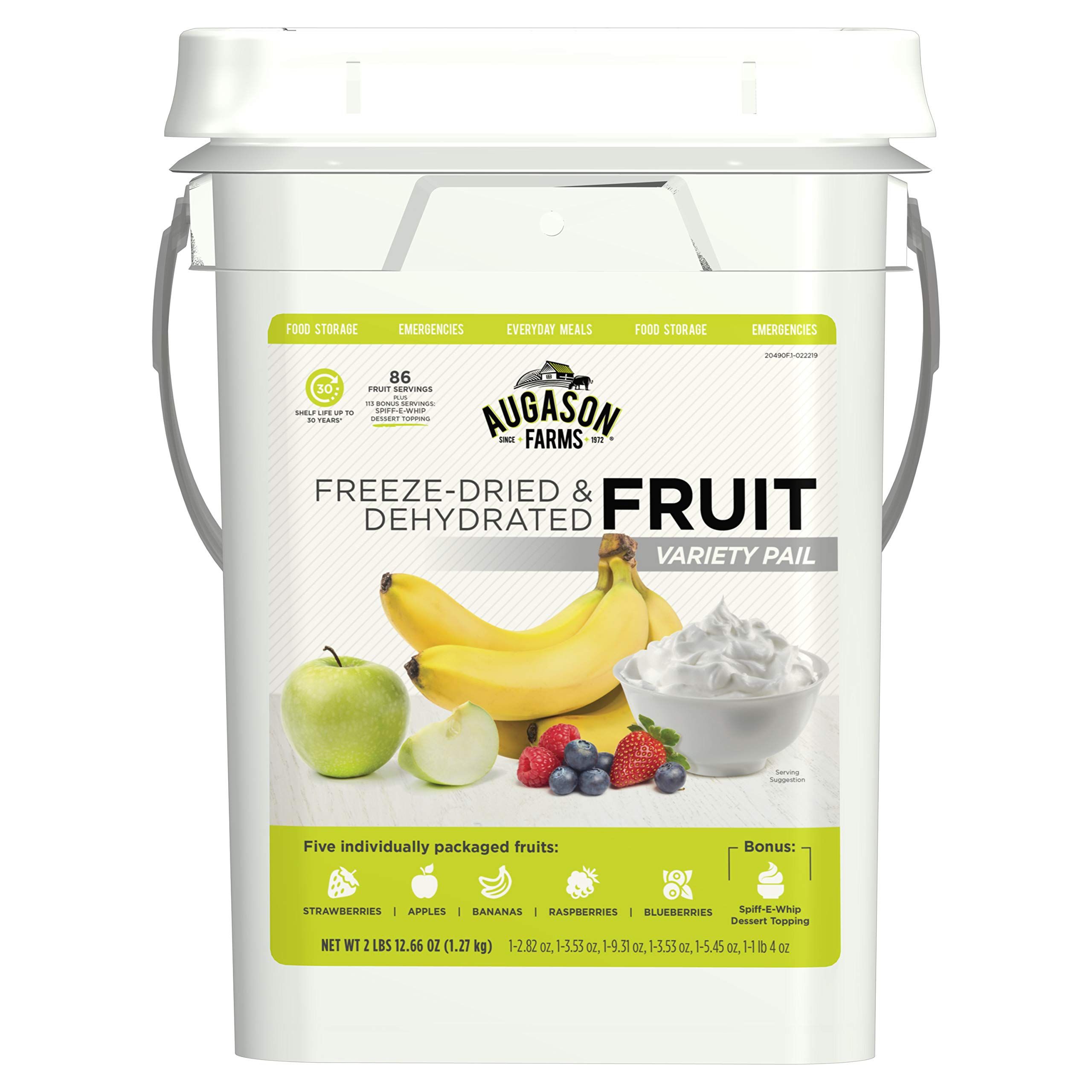 Augason Farms Fruit Variety Pail is the ultimate solution for delicious, no-spoil, and no-refrigeration fruits. This selection of freeze-dried and dehydrated fruits is perfect for creating smoothies, fruit salads, or adding to your favorite recipes. They also make a convenient and tasty snack on-the-go or during outdoor adventures. Augason Farms pr