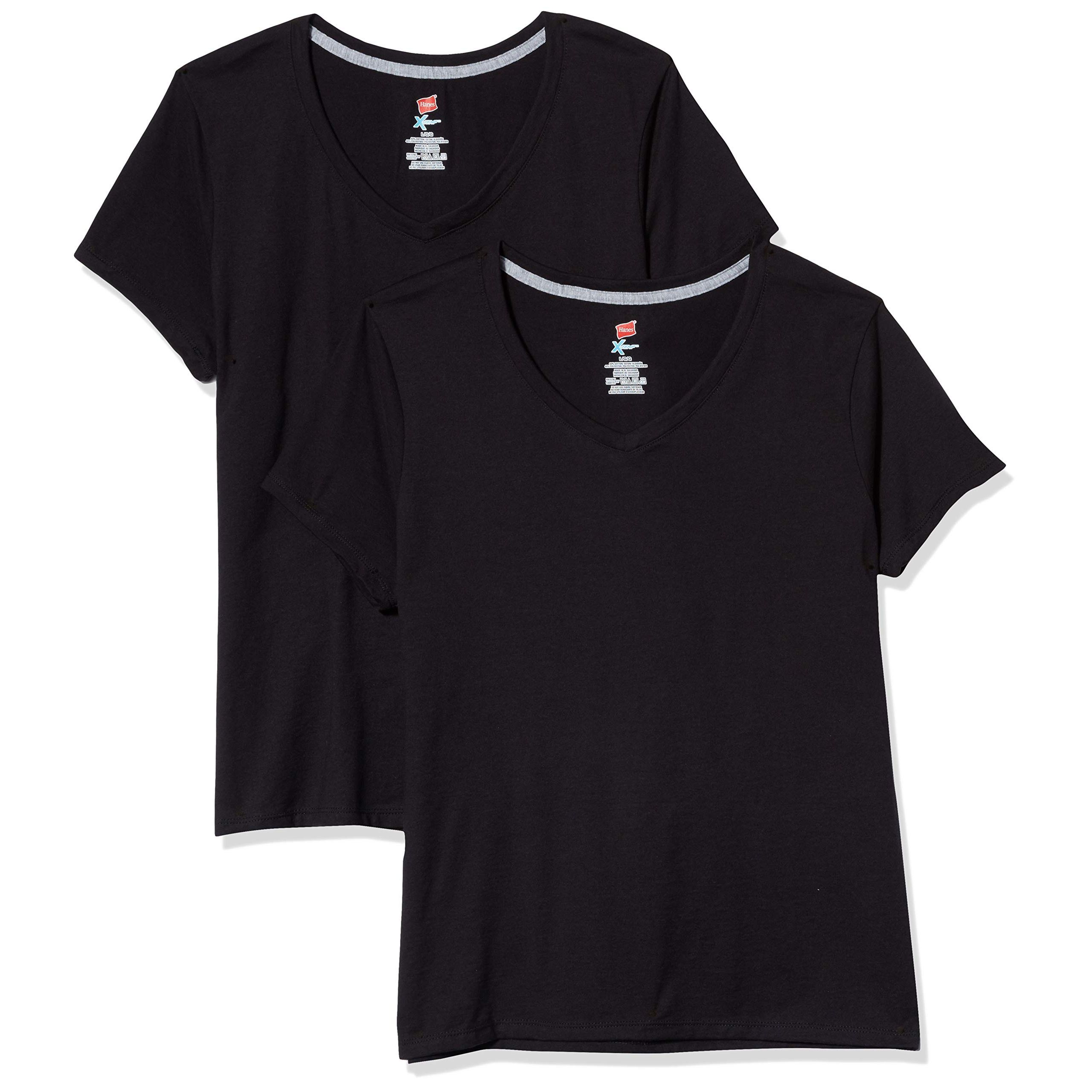 Looking for a comfortable yet stylish addition to your wardrobe? Look no further than the Hanes women's lightweight short sleeve v-neck t-shirt! Made from 100% cotton, this top is both lightweight and soft, ideal for everyday wear. It has a sleek and flattering contoured fit, thanks to its side seams that hug your silhouette in just the right way. The double-needle sleeve and bottom hems ensure durability that lasts even after multiple washes.

Available in a range of colors to suit any taste, this shirt also features an easily removable tag for added comfort. And with its preshrunk construction, you can expect the Hanes women's v-neck t-shirt to maintain its shape and fit, even after many washes. So if you're looking for a versatile top that combines comfort and style, look no further than this classic Hanes design.

Upgrade your wardrobe with the Hanes women's lightweight short sleeve v-neck t-shirt. Made from lightweight cotton jersey fabric, this shirt is designed to flatter your figure with its contoured silhouette and side seams. The double-needle sleeve and bottom hems ensure durability, while the tagless neck label adds extra comfort. It comes in a range of attractive colors that will complement any outfit.

Ideal for everyday wear, this Hanes t-shirt can be dressed up or down, making it a versatile addition to your wardrobe. It has been preshrunk for added convenience, and the lightweight fabric is perfect for staying cool and comfortable during long summer days. Whether you're running errands or meeting friends for coffee, you'll love the feminine fit and classic design of this Hanes women's v-neck t-shirt. Description by ChatGPT.