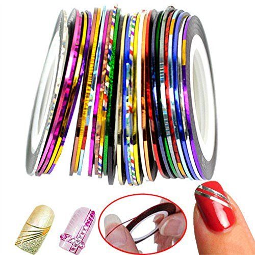 ed with gel polish, acrylic nails, and natural nails. This set of nail art striping tape comes with 30 assorted colors, making it easy to create a variety of designs and patterns on your nails. The tape is easy to apply and can be cut into any desired length or shape.