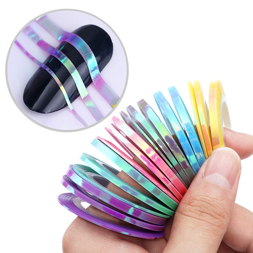 Introducing the Mermaid Colors Nail Striping Tape, a set of 18 self-adhesive tapes that gives your nails a shiny, glittery effect. These tapes come in 6 different colors and are perfect for designing your own nail art, patterns, and highlights.