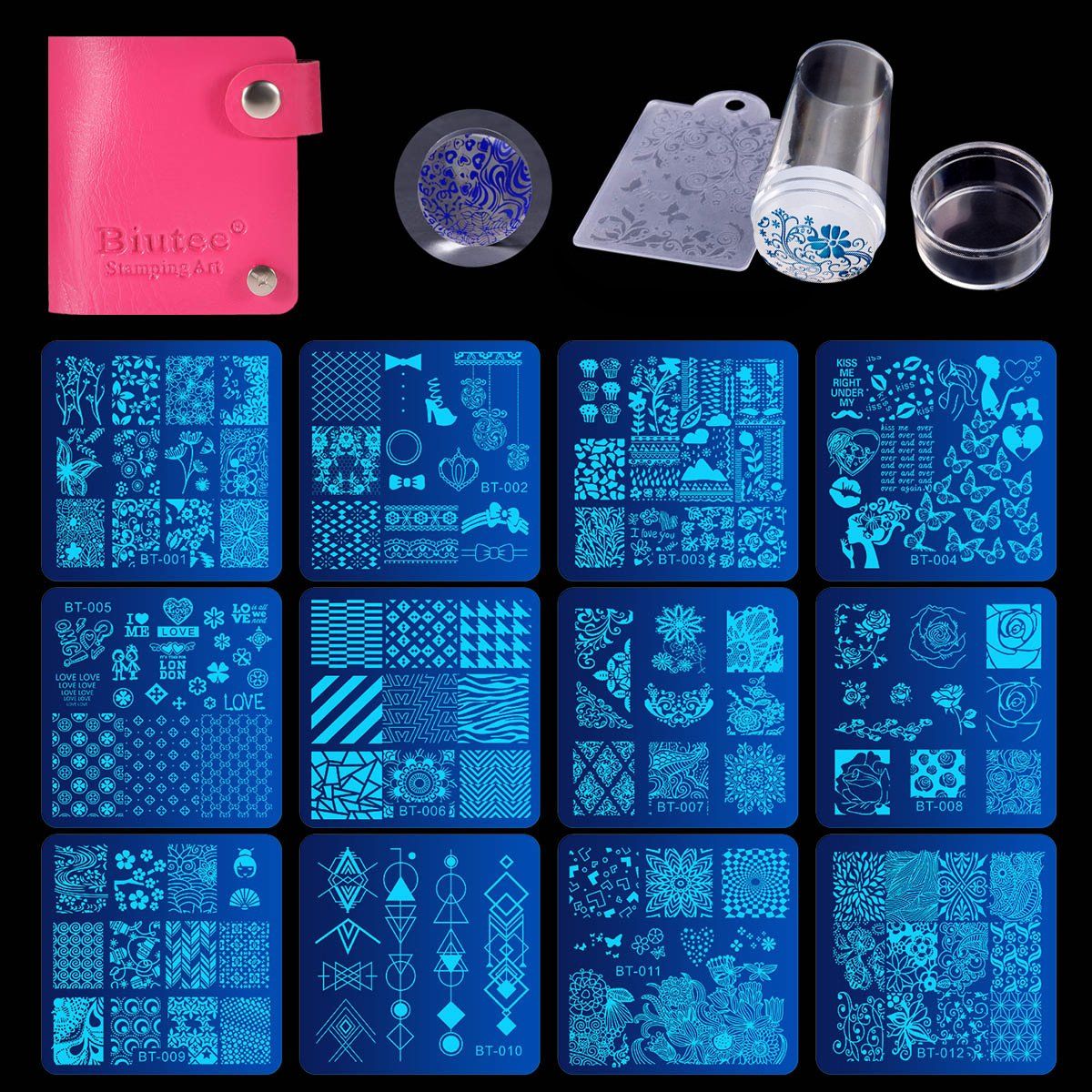with a stainless steel plate set, perfect for transferring intricate nail art designs onto your nails. The set includes 12 different round plates with various intricate designs, a scraper, and a storage bag, making it easy for you to switch up your nail art game.