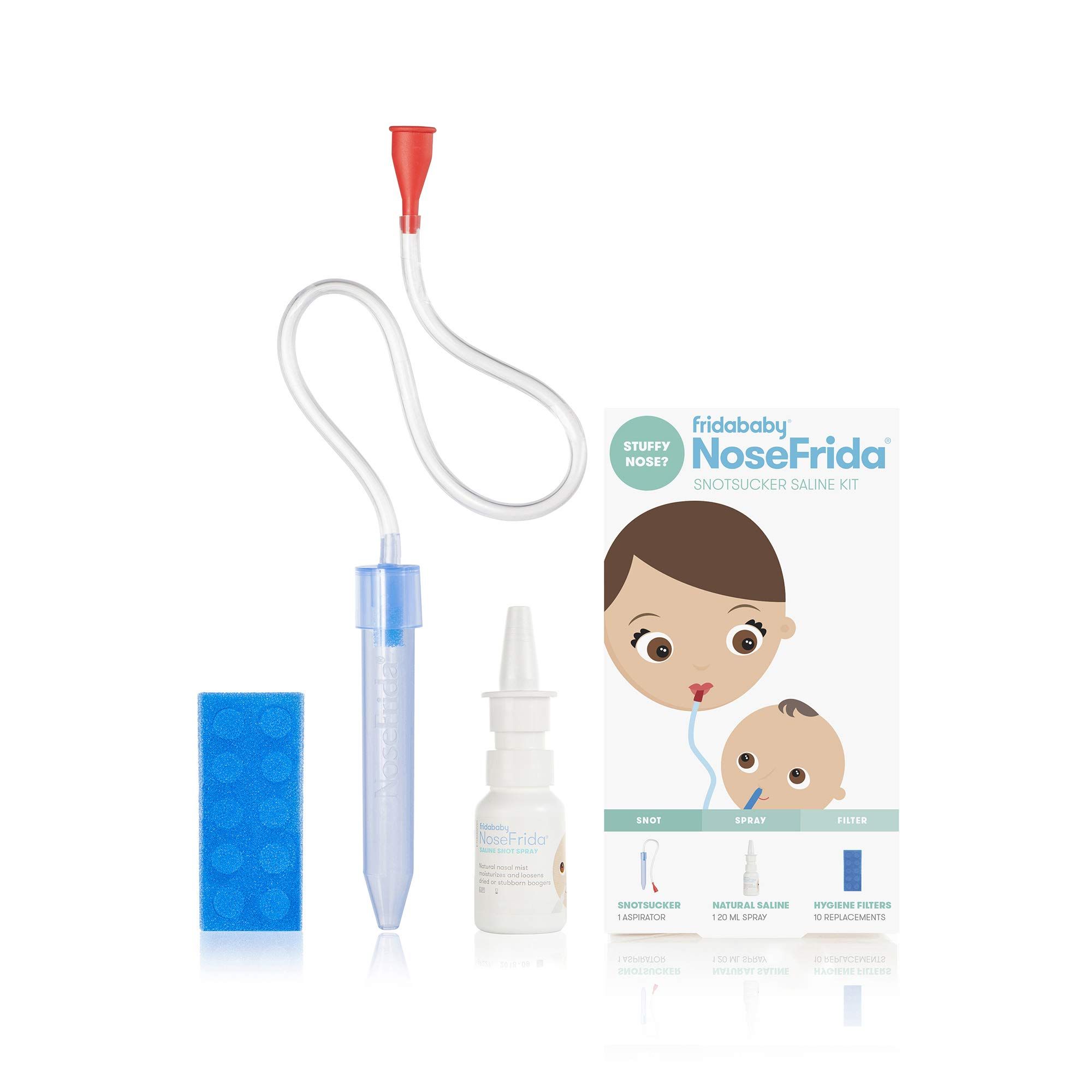 The NoseFrida Snotsucker Bundle is the ultimate solution for clearing stuffy baby noses. This bundle includes a NoseFrida Snotsucker, 10 extra hygiene filters, and an all-natural saline nasal spray. The blue nasal tube, red mouthpiece, and filter cap are top-rack dishwasher safe for easy cleaning ensuring hygiene.