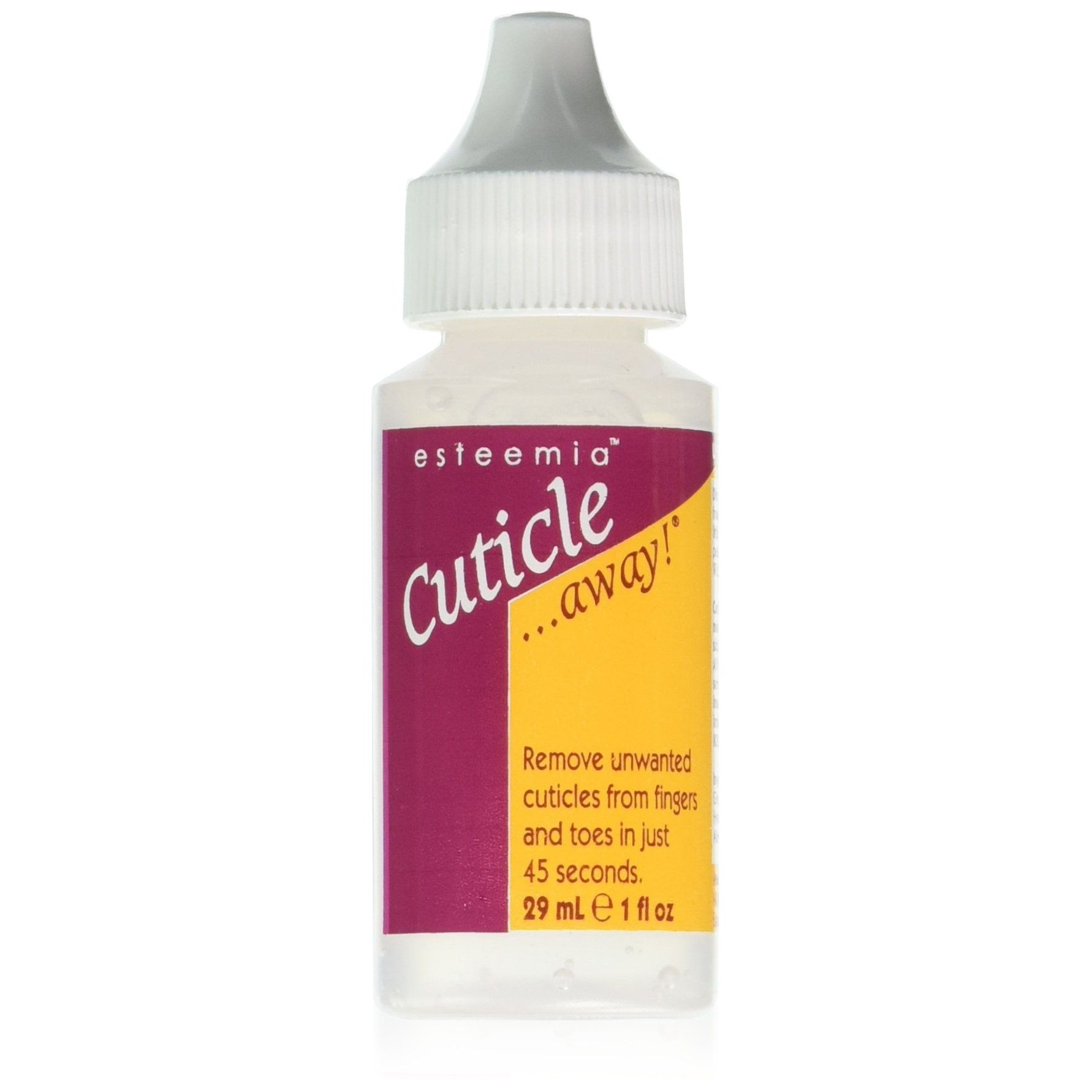 Esteemia Cuticle Away Remover is a product designed to safely and effectively remove overgrown cuticles and dead skin cells around the nail plate. It is a fast-acting gel formula that softens and dissolves cuticles in seconds without damaging the nails or skin.