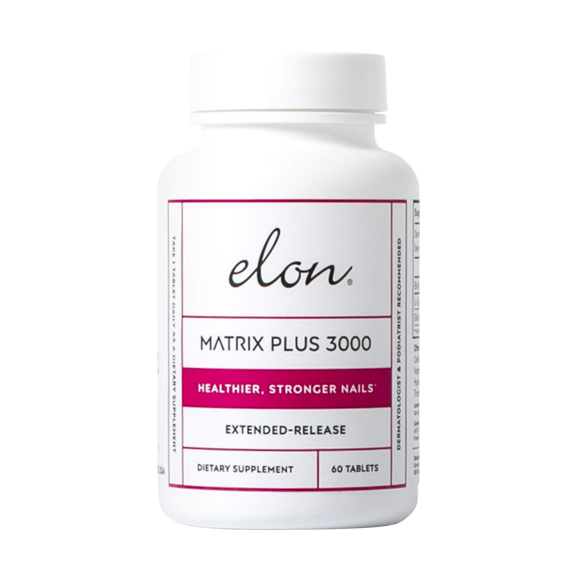 ELON Matrix Plus 3000 is a nutritional supplement designed to promote healthy and strong nails. Its Extended-Release formula combines Biotin, L-Cysteine, and Silicon Dioxide, three essential building blocks that nourish and enhance nail growth. With 3,000 mcg of Biotin, ELON Matrix Plus 3000 provides maximum absorption for effective results.