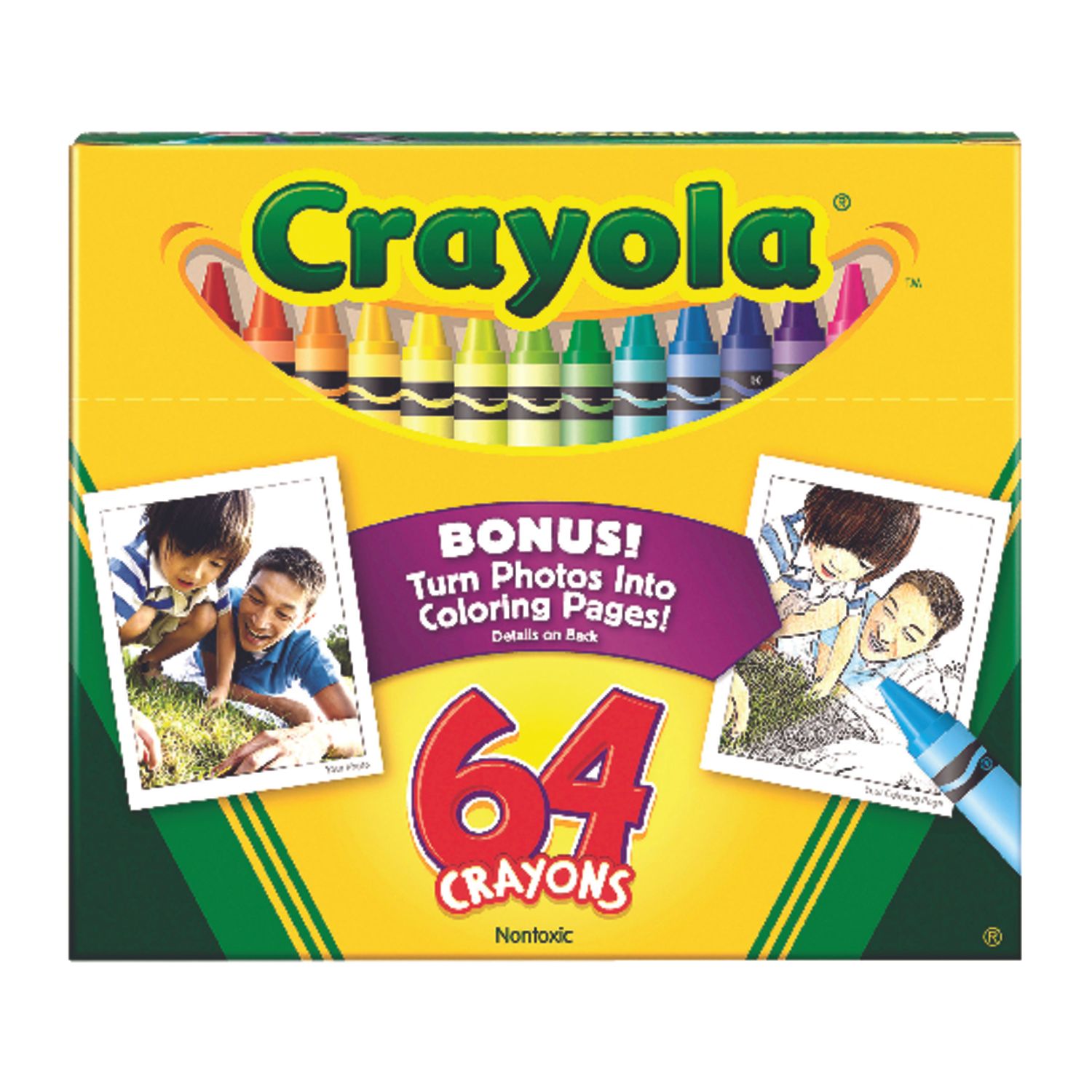 Iconic 64ct crayon box with sharpener includes key primary and secondary colors, Bright vibrant colors, Convenient small package in reusable tuck box, Double wrapped crayon for extra strength