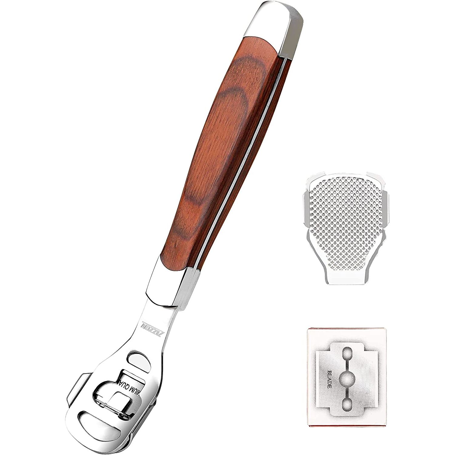 The ZIZZON Foot Care Pedicure Callus Shaver is a professional-grade tool designed to help remove hard skin and calluses from the feet. The shaver is made with a durable wood handle that provides a comfortable grip while in use.