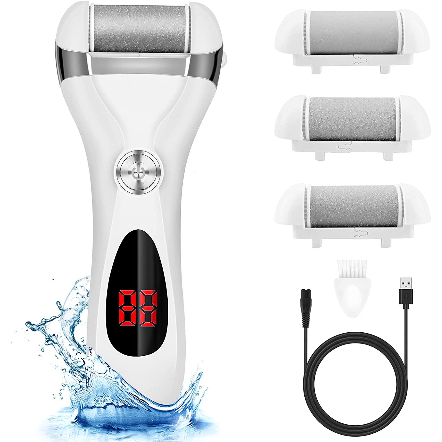 The Electric Foot Callus Remover Kit by Elmchee is a rechargeable device that comes with three grinding heads. It is a portable and waterproof foot file that is designed to provide professional pedicure tools for feet care for dead, hard cracked dry skin. 
The three grinding heads that come with the kit are the coarse, regular and fine heads.