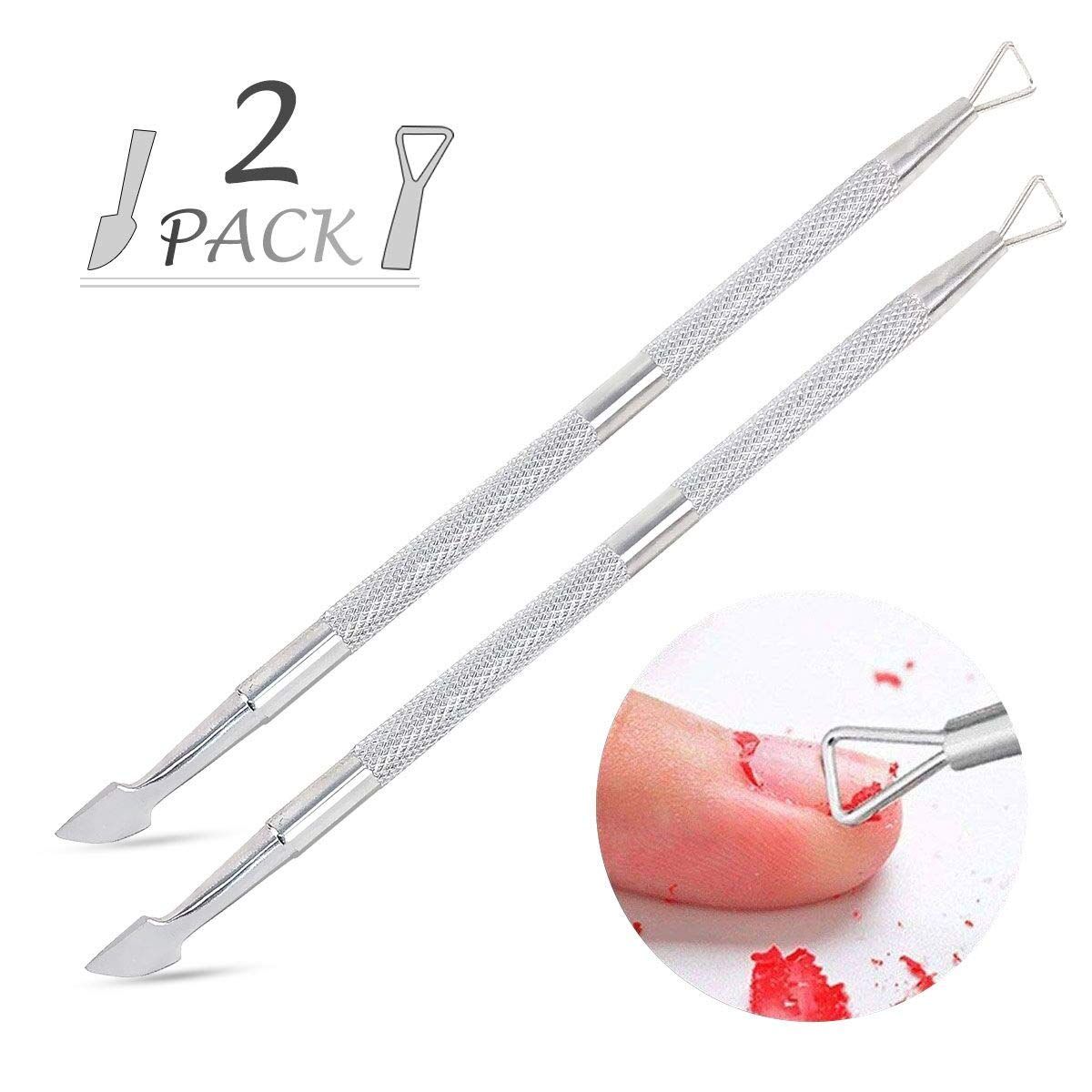 The Nail Cuticle Pusher - 2 Pack Stainless Triangle Gel Nail Polish Remover Cuticle Peeler Scraper Remover Tool is a tool used to push back and remove the cuticle from fingernails and toenails. The cuticle is the thin layer of skin that grows on the base of the nail, and removing it can help keep the nail healthy and strong.