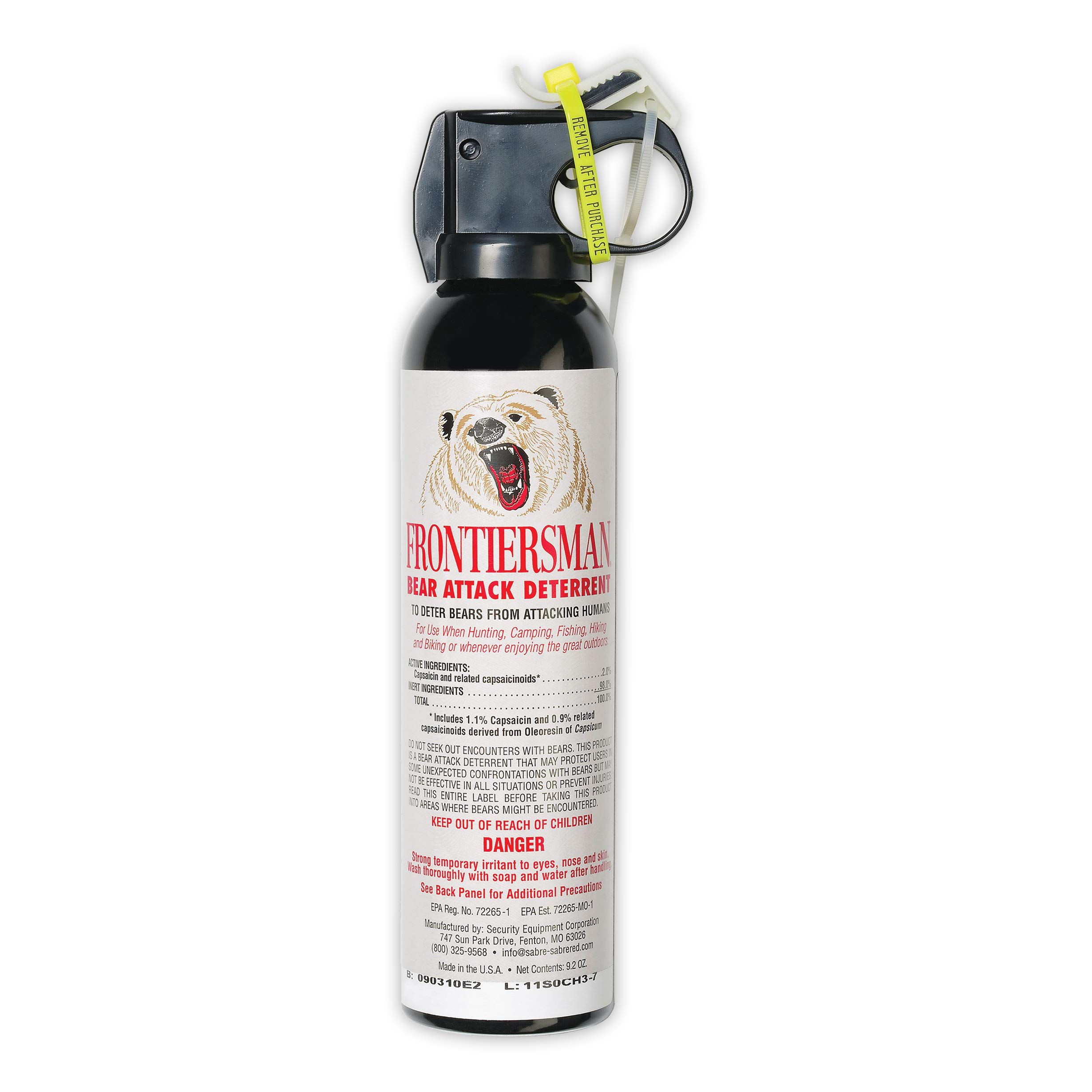 Introducing FRONTIERSMAN Bear Spray 9.2 oz – the ultimate bear defense spray designed to keep you safe in the great outdoors. With a range of up to 35 feet (10.6m) and an impressive spray rate of 52 grams per second, this powerful bear deterrent spray creates an impenetrable barrier for maximum protection.