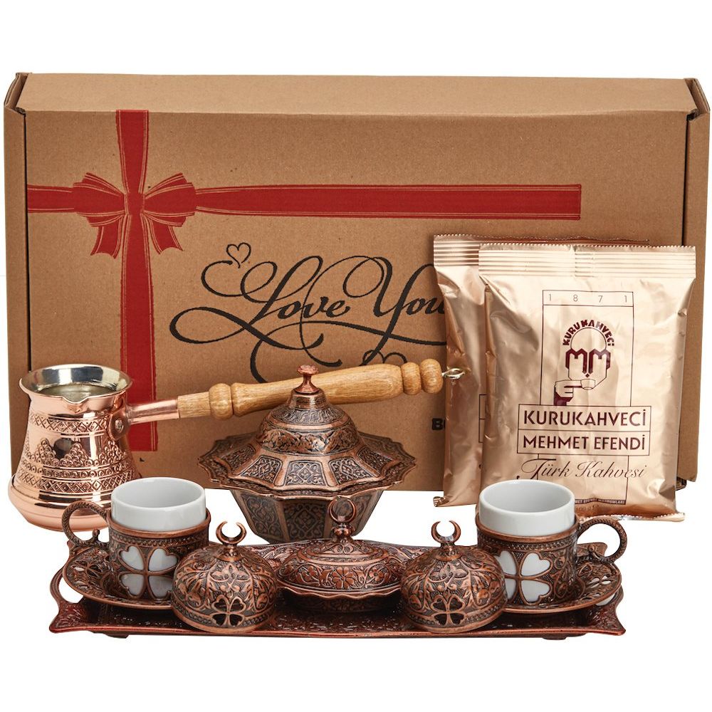 The Bosphorus 16 Piece Turkish Greek Arabic Coffee Making Serving Gift Set comes with a traditional copper pot coffee maker, also known as a cezve or ibrik. The set includes a variety of pieces designed to allow you to enjoy and serve your coffee in the traditional manner. 
The set includes a copper pot (8 oz.