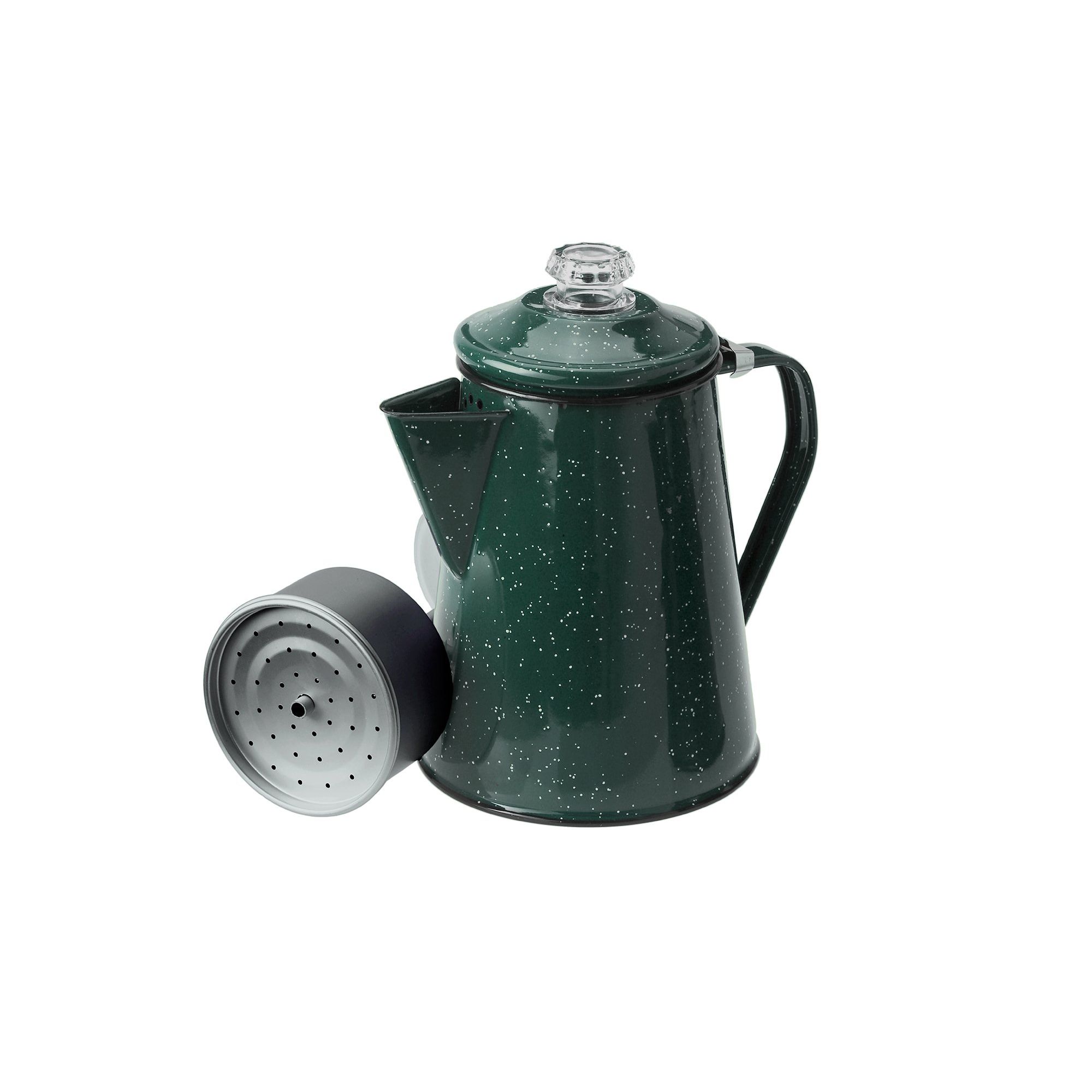 The GSI Outdoors 12 Cup Enamelware Percolator Coffee Pot is an indispensable tool for avid campers. Its sturdy construction, made from heavy-gauge steel, guarantees both durability and a timeless aesthetic with its captivating blue enamel finish. With a generous capacity of 12 cups, it effortlessly caters to the entire group's coffee needs.