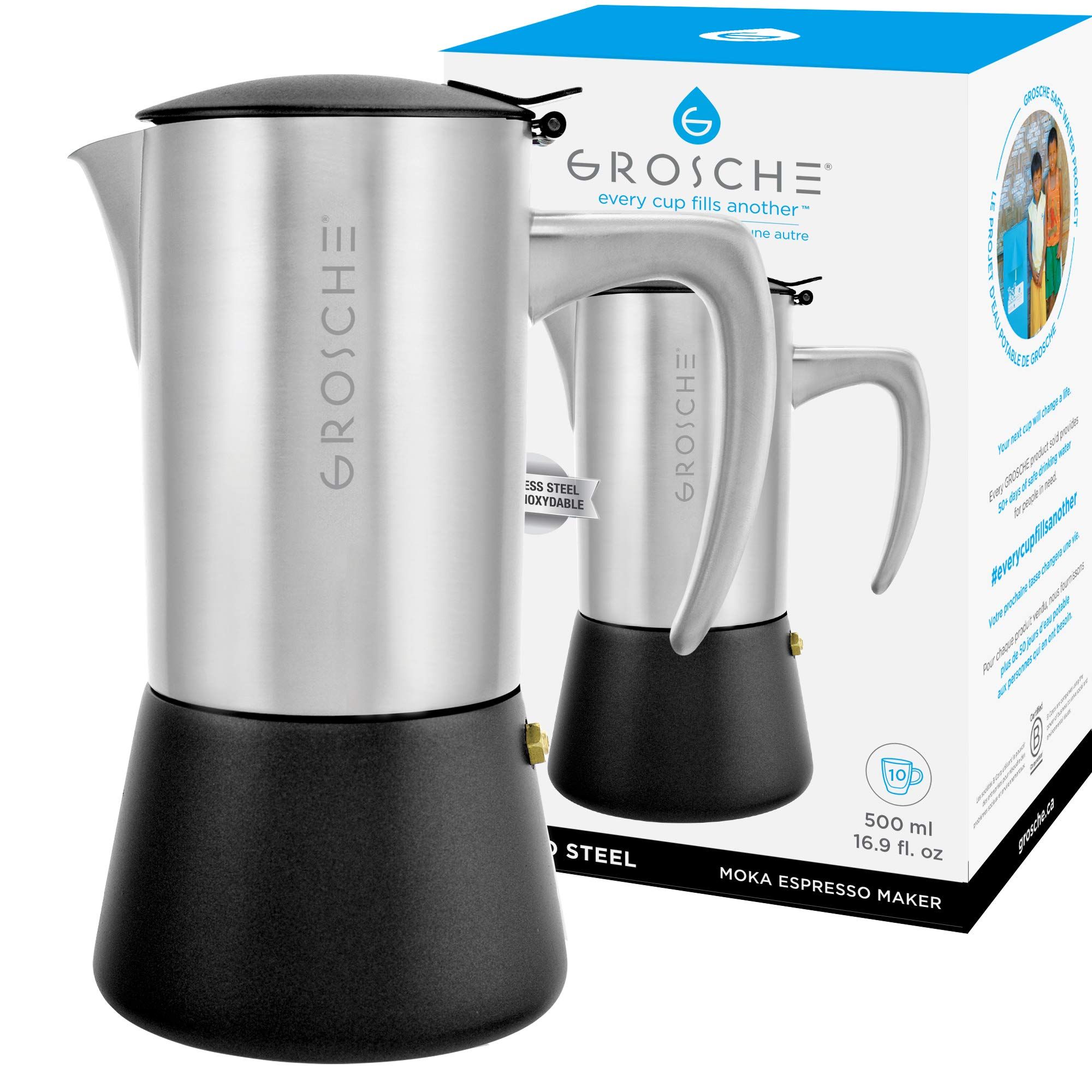 Introducing the GROSCHE Milano Steel 10 Espresso Cup Brushed Stainless Steel Stovetop Espresso Maker Moka Pot - a premium coffee brewing device that combines convenience with style.