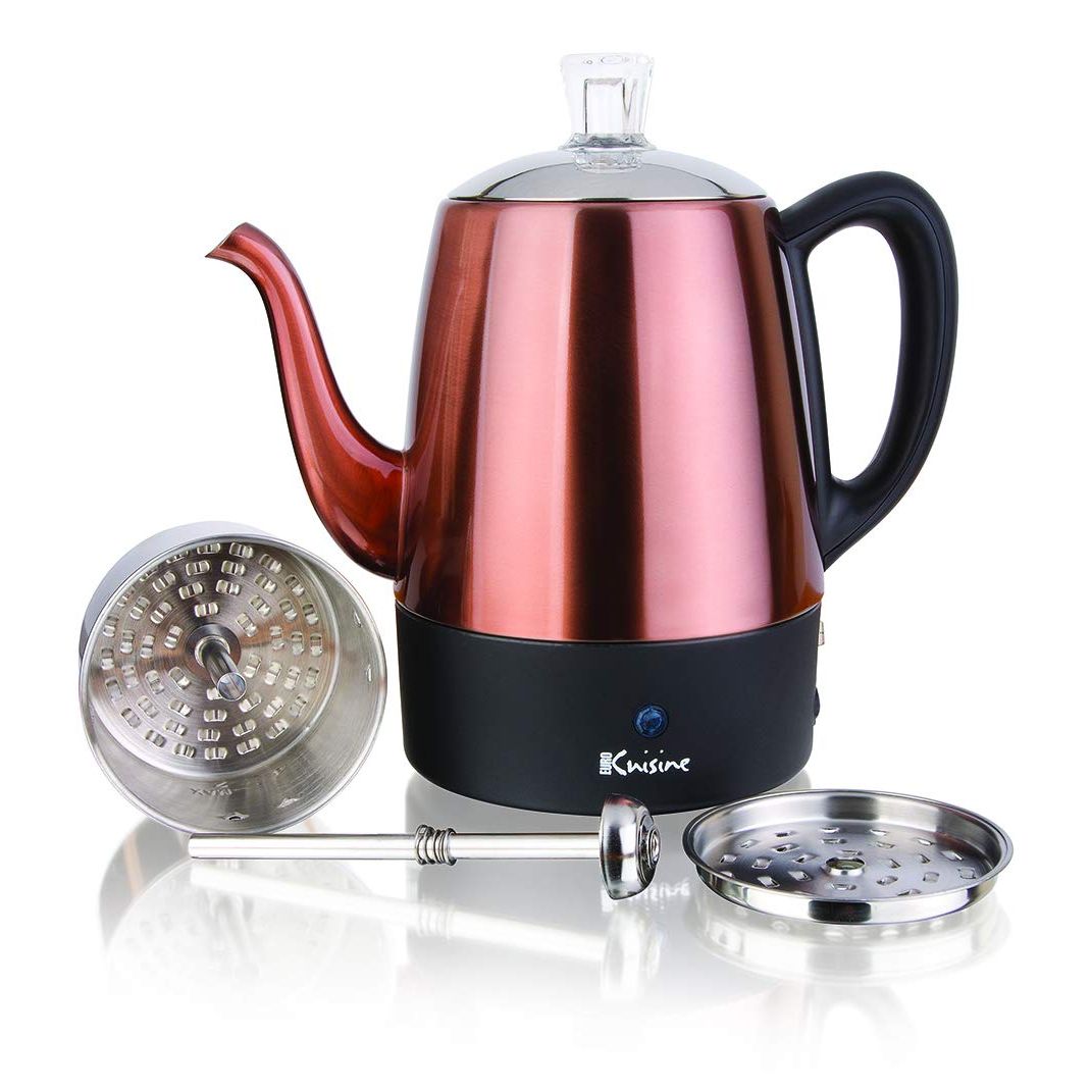 The Euro Cuisine PER04 Electric Percolator redefines your coffee brewing experience with its sleek design and impeccable functionality. Crafted from high-quality stainless steel, this coffee pot maker boasts a stunning copper finish that adds a touch of elegance to any kitchen decor.