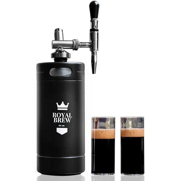 Experience the ultimate cold brew coffee with the Royal Brew Nitro Cold Brew Coffee Maker Home Keg Kit System. This portable coffee maker boasts a sleek matte flat black finish and a generous 128-ounce capacity, making it ideal for brewing at home or in small offices.