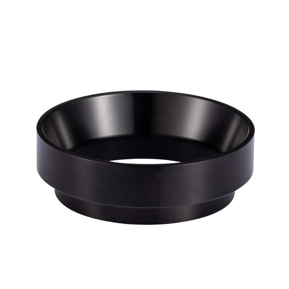 The aluminum espresso dosing funnel is an indispensable device for both professional baristas and home coffee enthusiasts who prioritize precision in their coffee preparation. This funnel-shaped container with a bottom tray effectively prevents any spillage of ground coffee onto countertops, ensuring a mess-free experience.