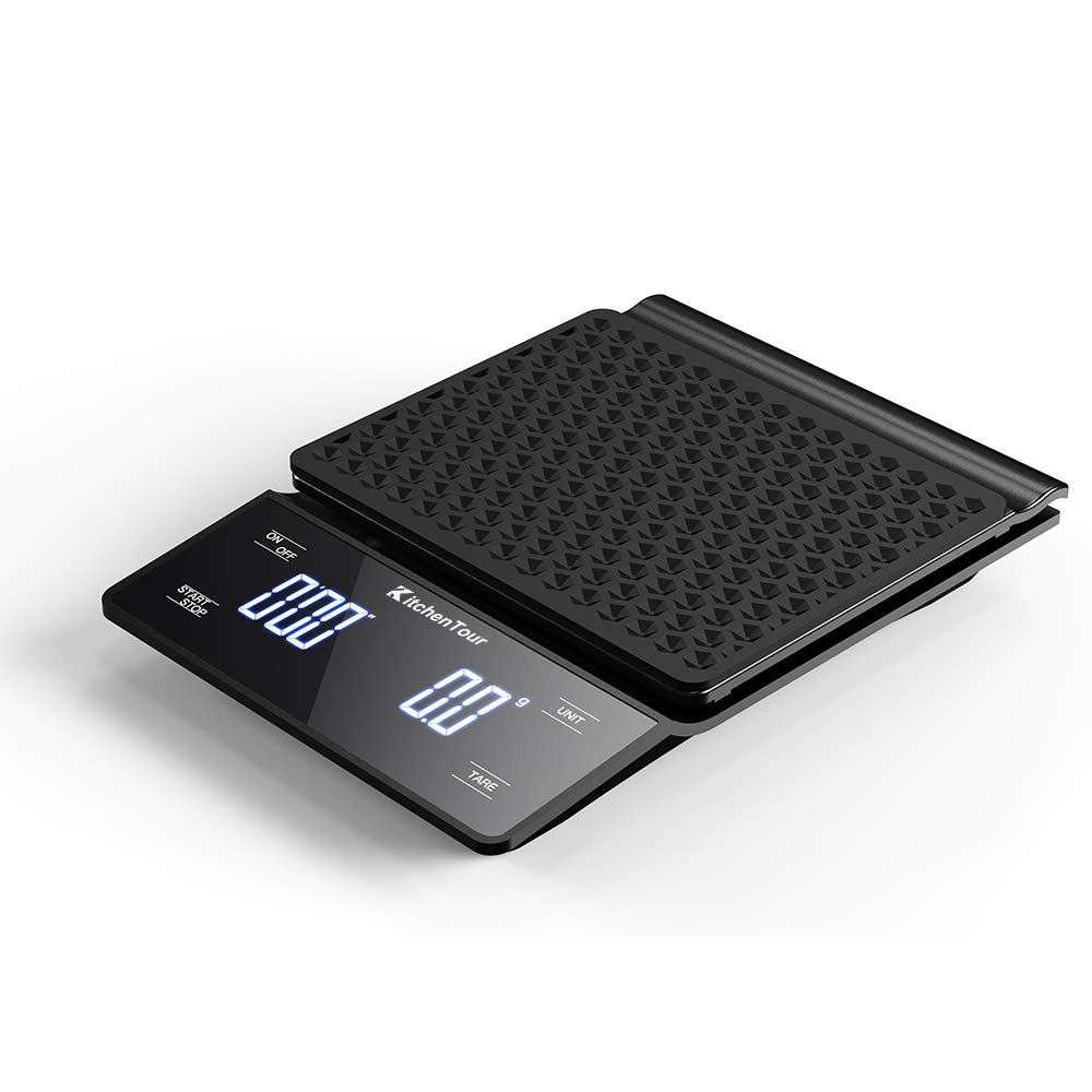 The KitchenTour Coffee Scale with Timer is a high precision scale that is specifically designed for pour over coffee, drip coffee, and espresso brewing. Its accuracy ranges from 0.1g up to 3kg, allowing for precise measurement of coffee beans, water, and other brewing ingredients.